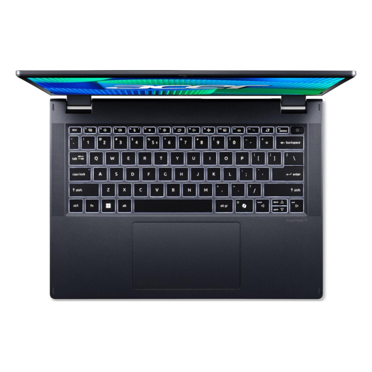 Ein Laptop von oben. Der Bildschirm ist geöffnet und zeigt eine Tastatur und ein Touchpad. Die Tastatur hat weiße Buchstaben auf schwarzen Tasten.