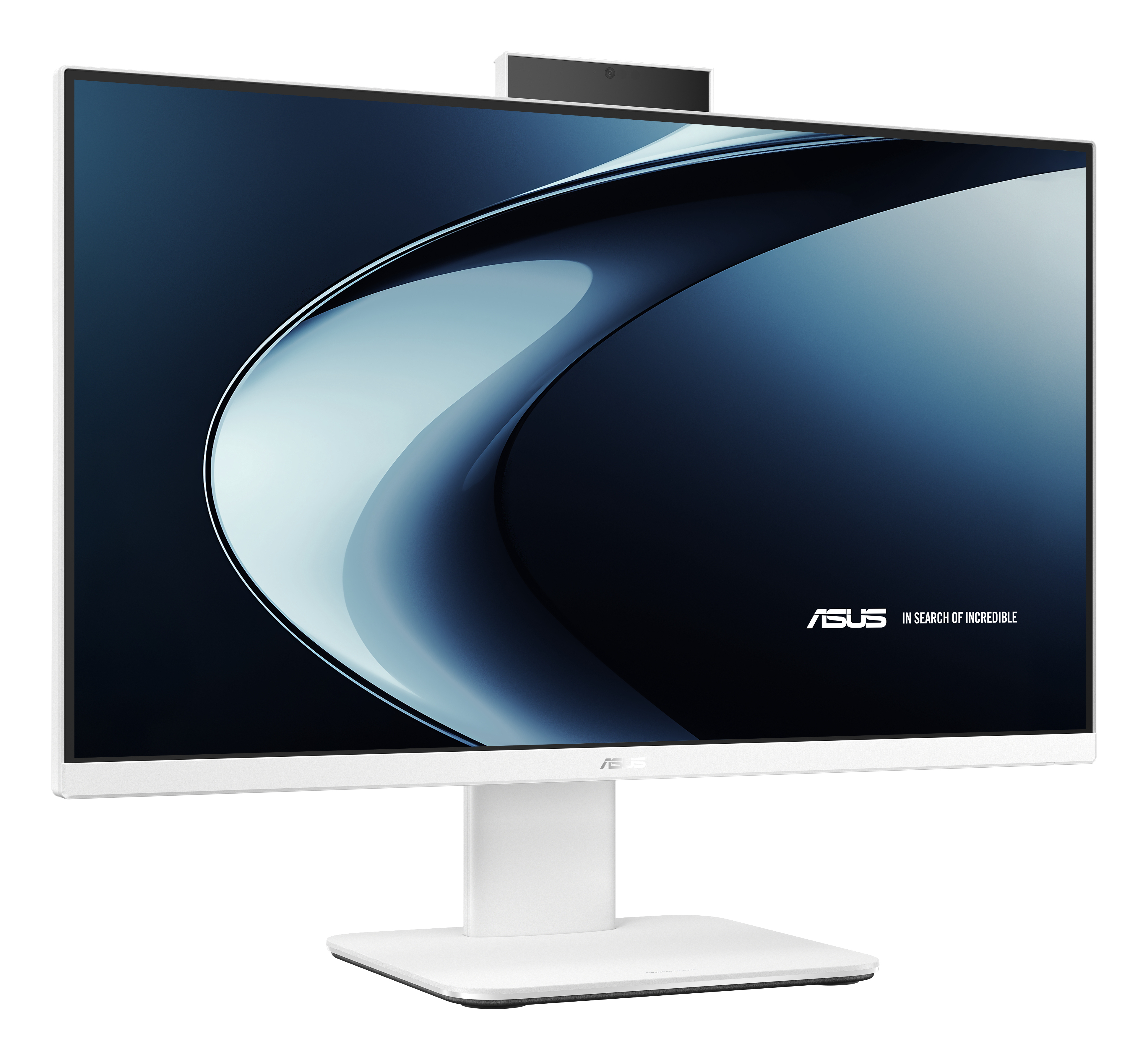 Weißer Computermonitor mit gewölbtem Bildschirm, schwarzem Oberteil mit Webcam und weißem Ständer. Blaue Design-Anzeige.