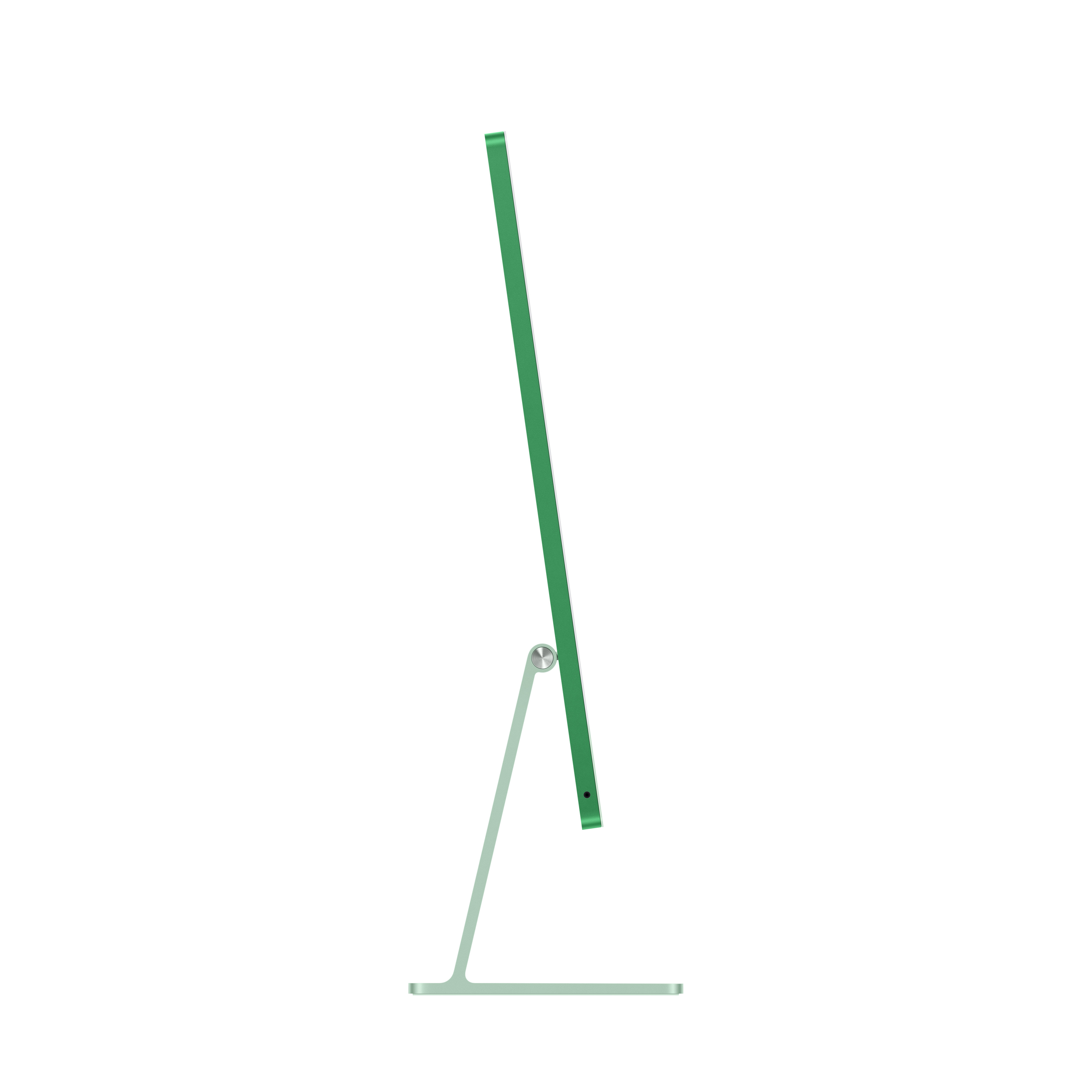 Zielony komputer iMac. Stoi na jasnozielonej podstawie, ekran jest zielony. Tło jest białe.