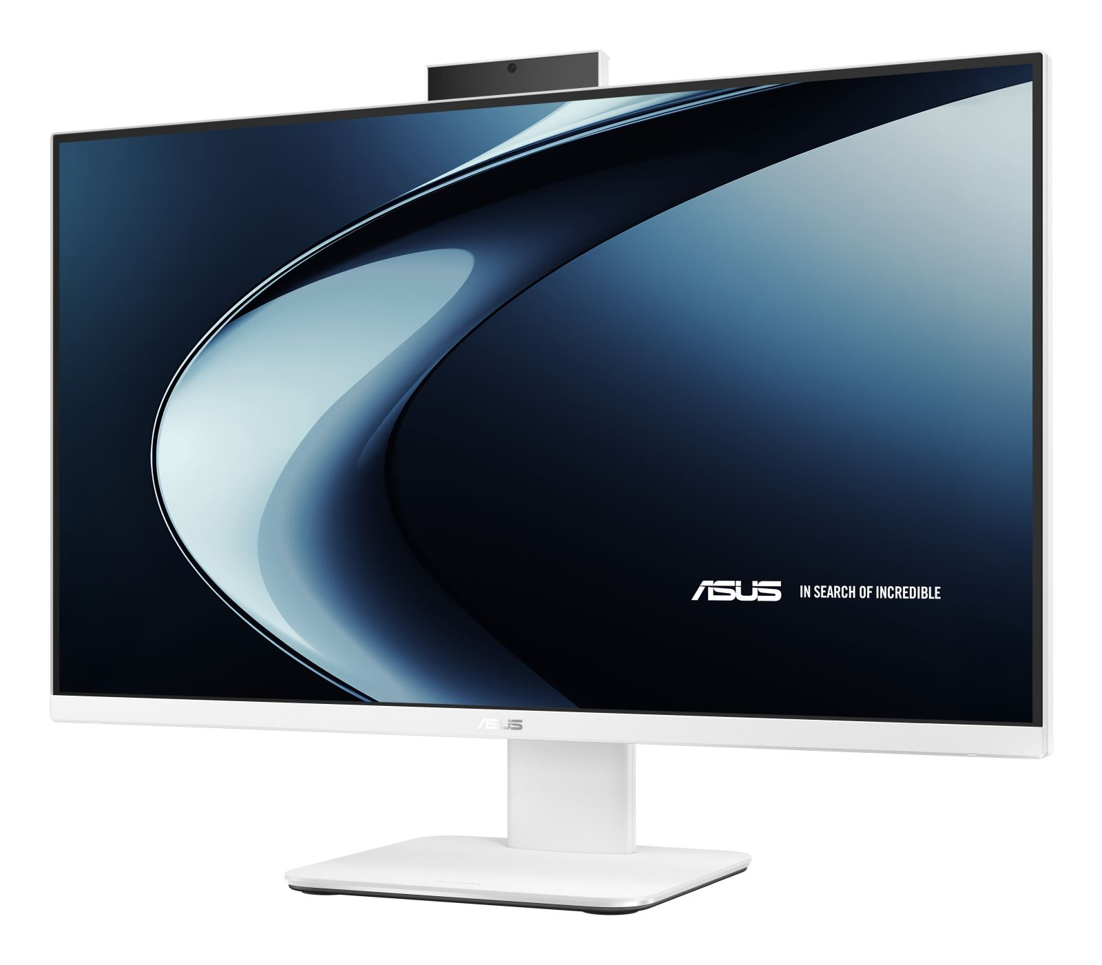 Weißer ASUS-Monitor mit dunklem Bildschirm, der ein blau-weißes Design zeigt, eine Webcam oben und einen weißen Ständer.