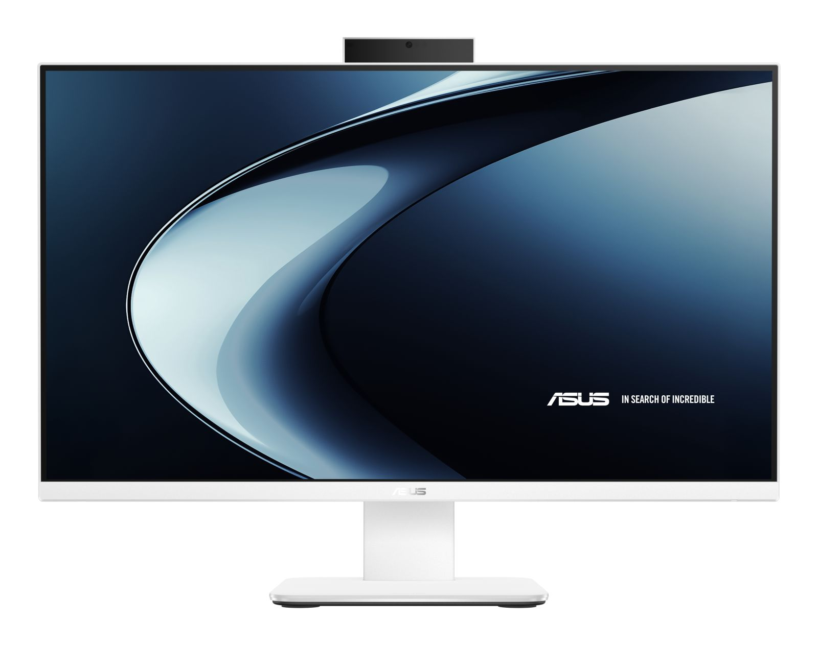 Ein weißer Asus-All-in-One-Computer. Er hat eine Webcam, einen Ständer und einen Bildschirm mit blauen und weißen abstrakten Formen. Das Asus-Logo ist sichtbar.