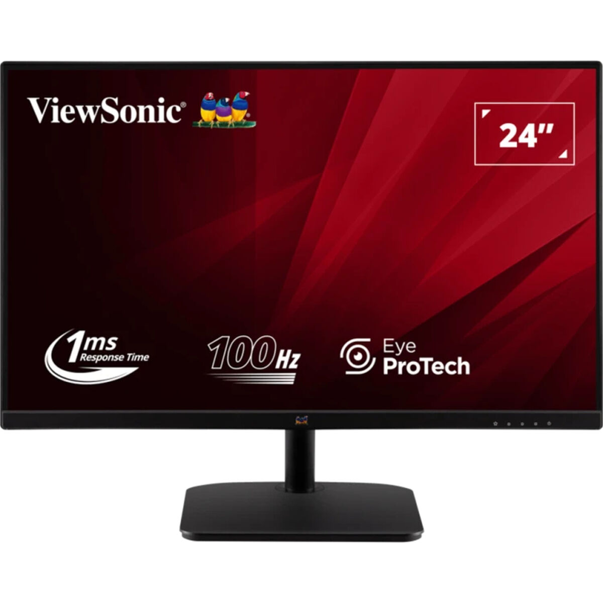 Monitor ViewSonic 24". Marco negro con fondo rojo y texto blanco. Características: 1ms tiempo de respuesta, 100Hz y Eye ProTech.