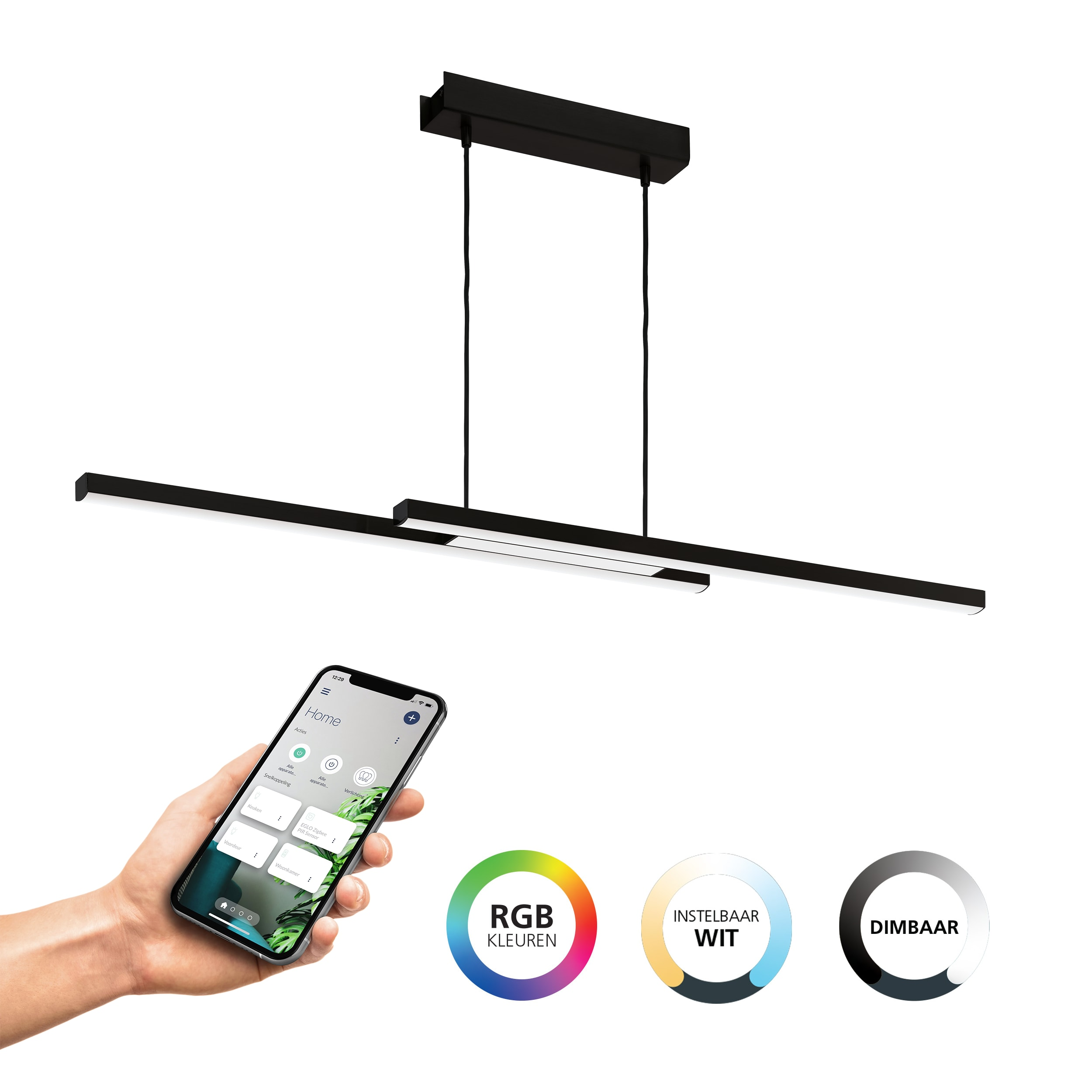 Eine schwarze, moderne Deckenleuchte wird gezeigt, die über ein Smartphone mit App-Steuerung gesteuert wird. RGB-, Weiß- und Dimmoptionen werden angezeigt.
