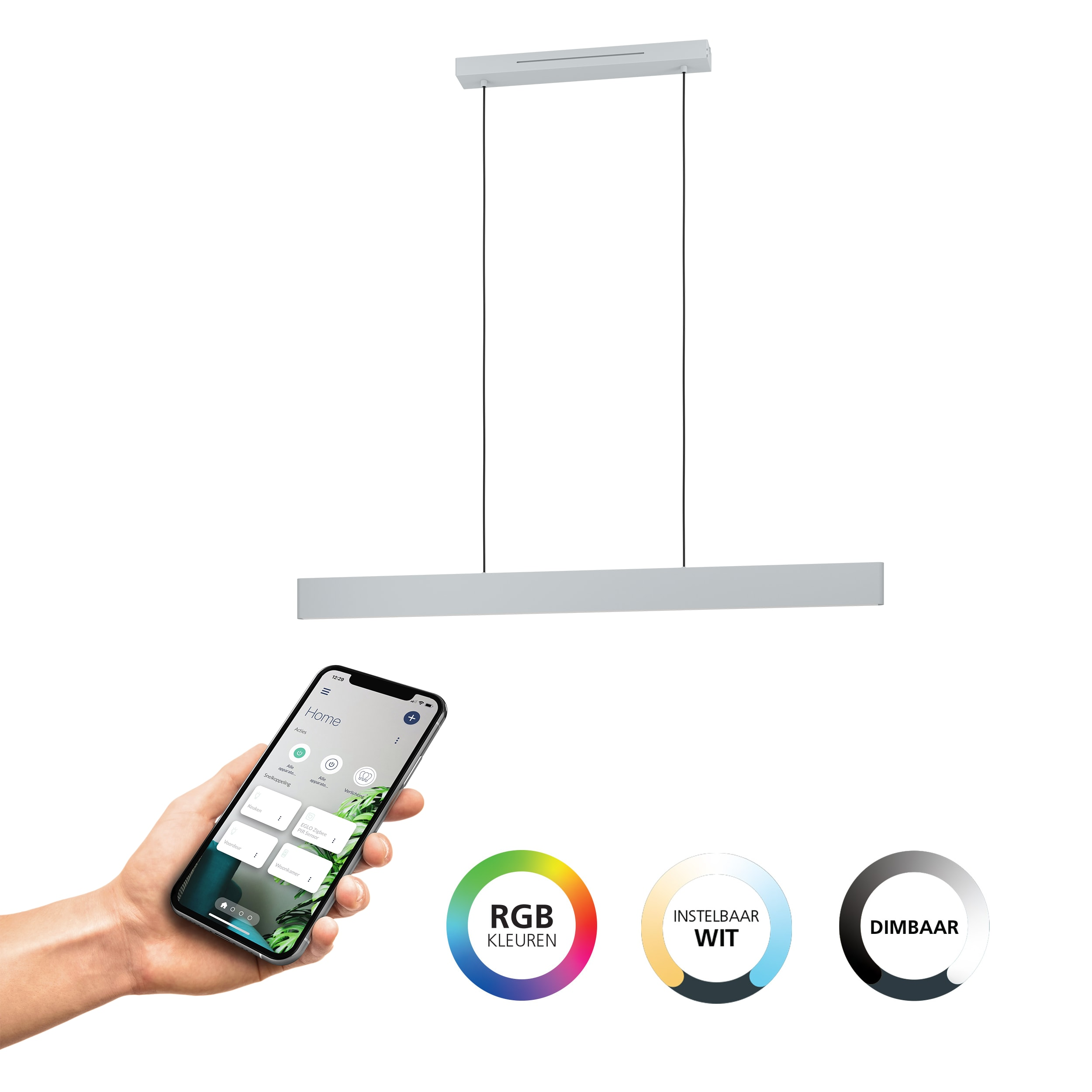 Una mano tiene un telefono che mostra un'app per la casa intelligente. Sopra, un apparecchio di illuminazione e icone per le impostazioni del colore.