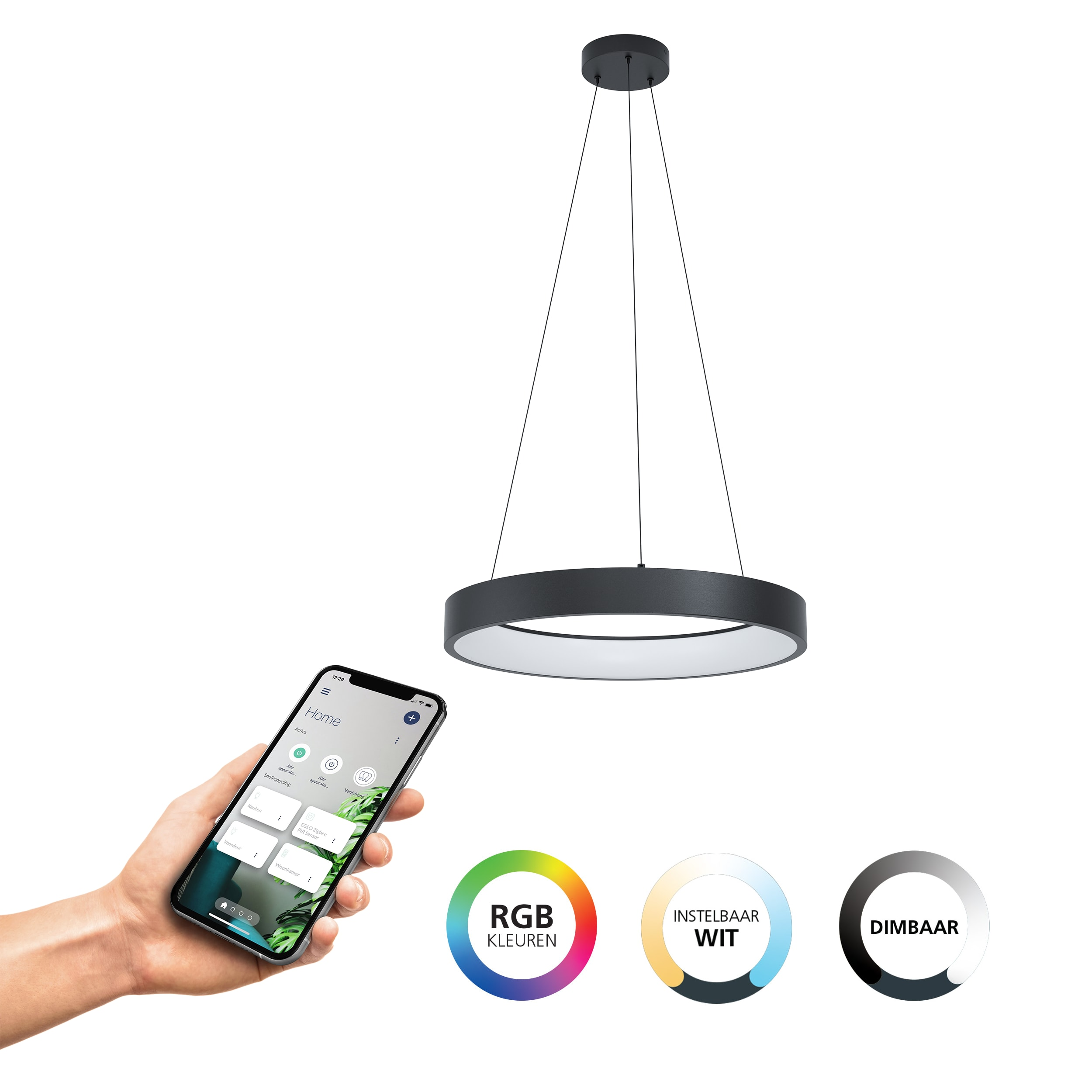 Eine Hand hält ein Telefon, das ein schwarzes Ringlicht steuert, das von der Decke hängt, mit Farb- und Dimmoptionen.