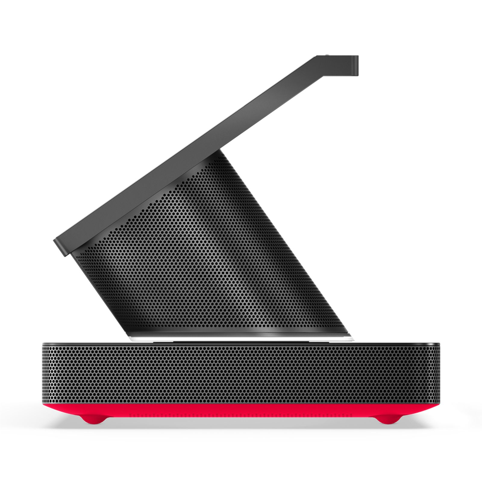 Un altoparlante nero con un design perforato e una base rossa. Ha uno schermo inclinato e una base rettangolare.
