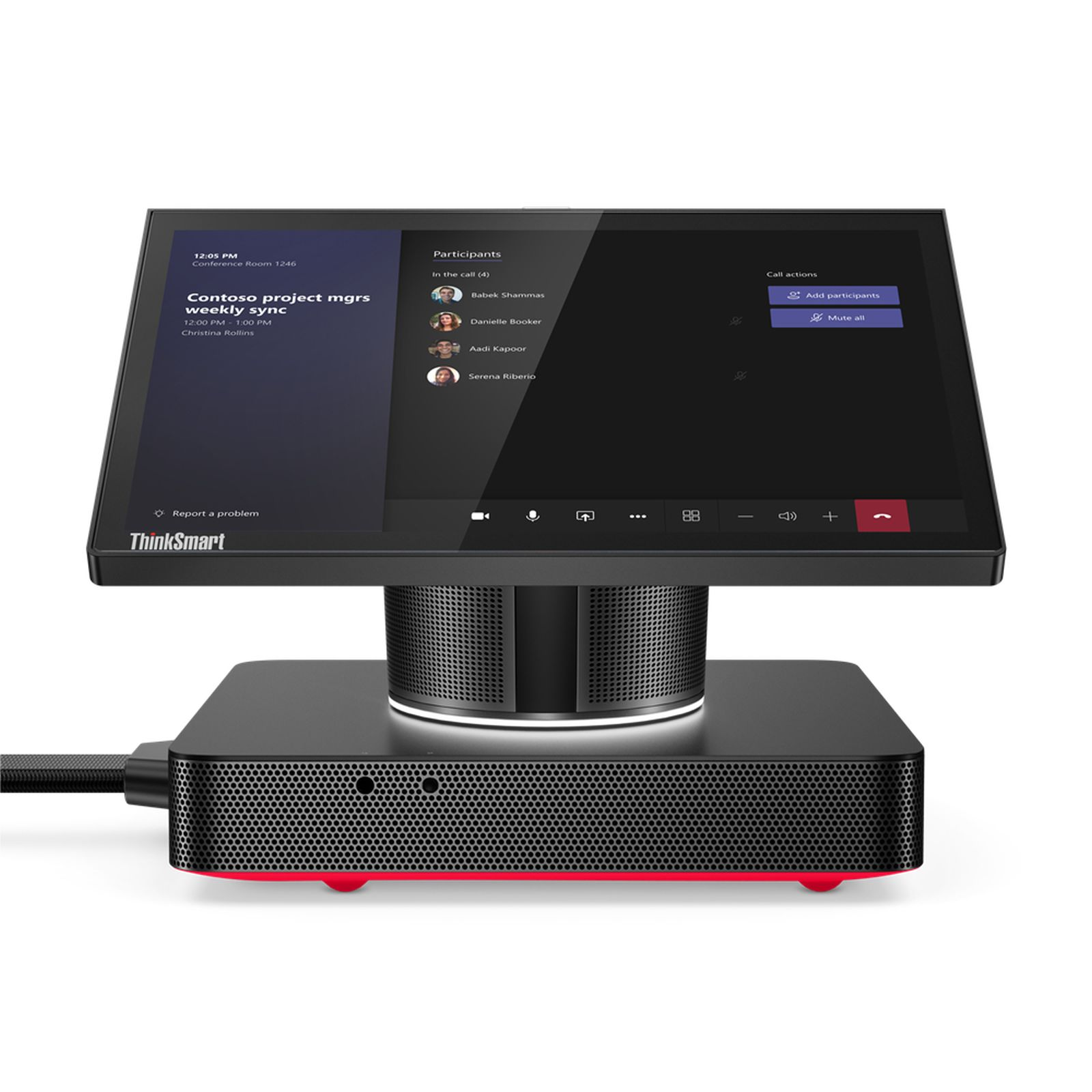 Un dispositivo ThinkSmart che mostra un'interfaccia di videochiamata. I partecipanti sono elencati. Vengono visualizzati i pulsanti per aggiungere o disattivare l'audio.