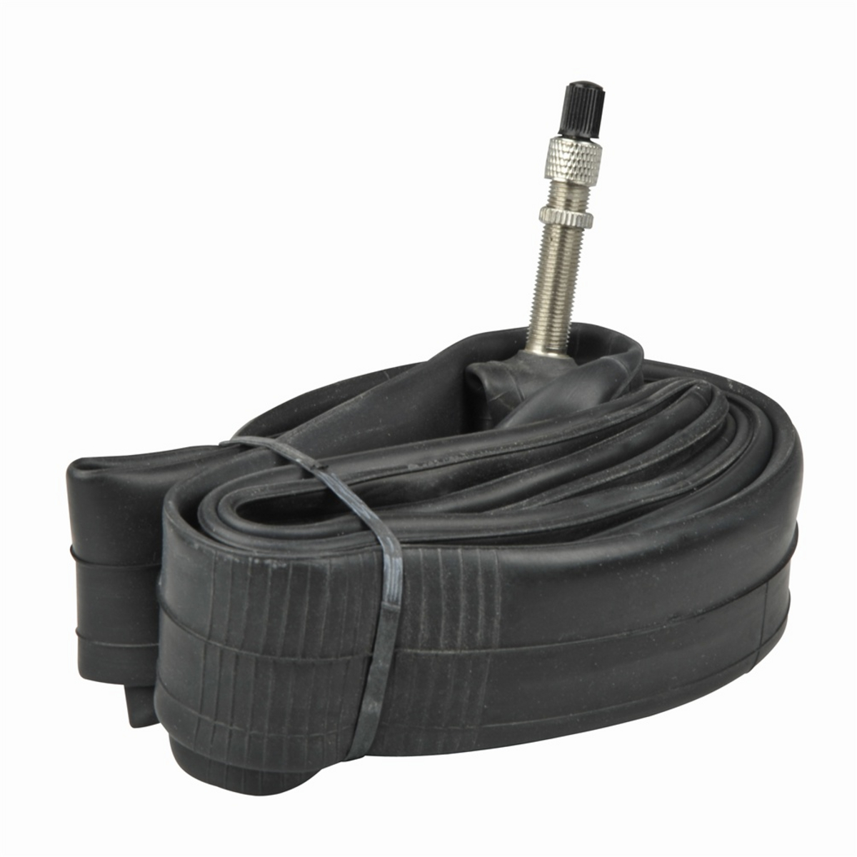 Czarna dętka rowerowa jest zwinięta, związana czarną opaską i ma srebrny zawór. Tło jest białe.