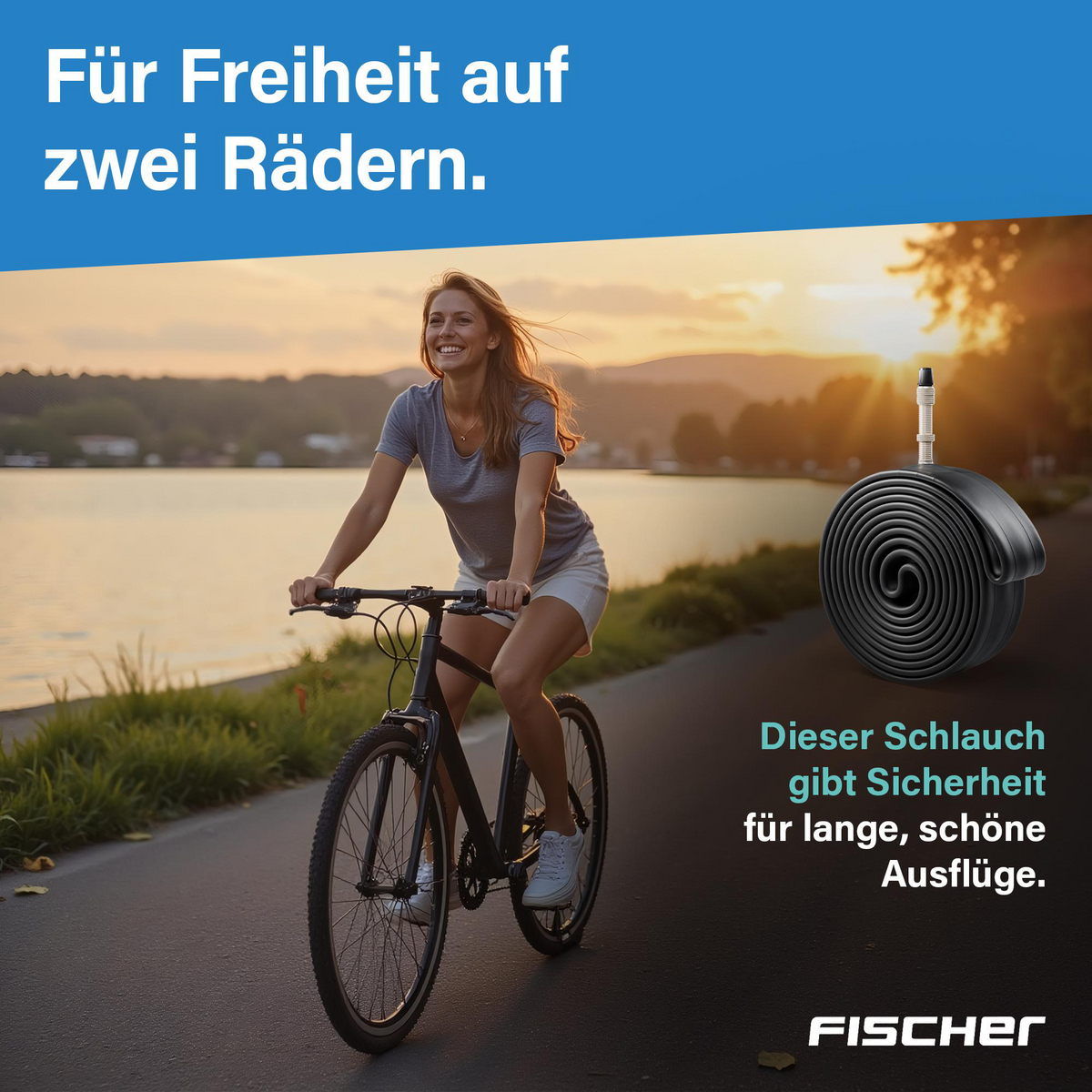 Kobieta jedzie na rowerze po drodze. Tło z jeziorem i zachodem słońca. Dętka pokazana. Tekst: Wolność na dwóch kołach.