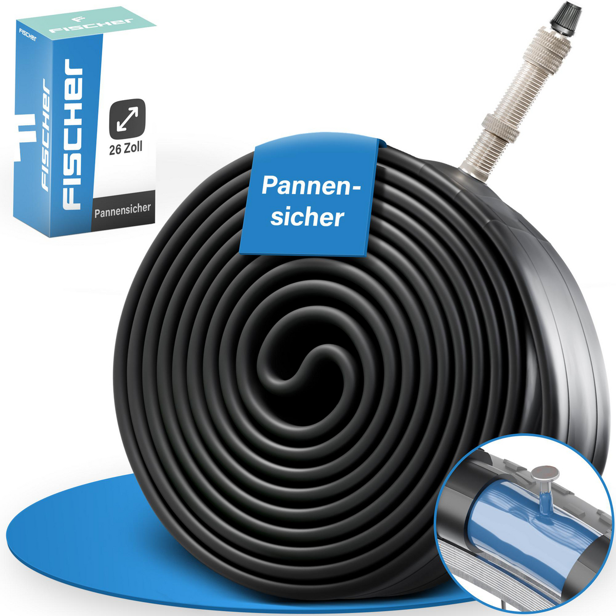 Czarna dętka rowerowa zwinięta na niebieskiej powierzchni, z pudełkiem i zbliżeniem przekroju poprzecznego.