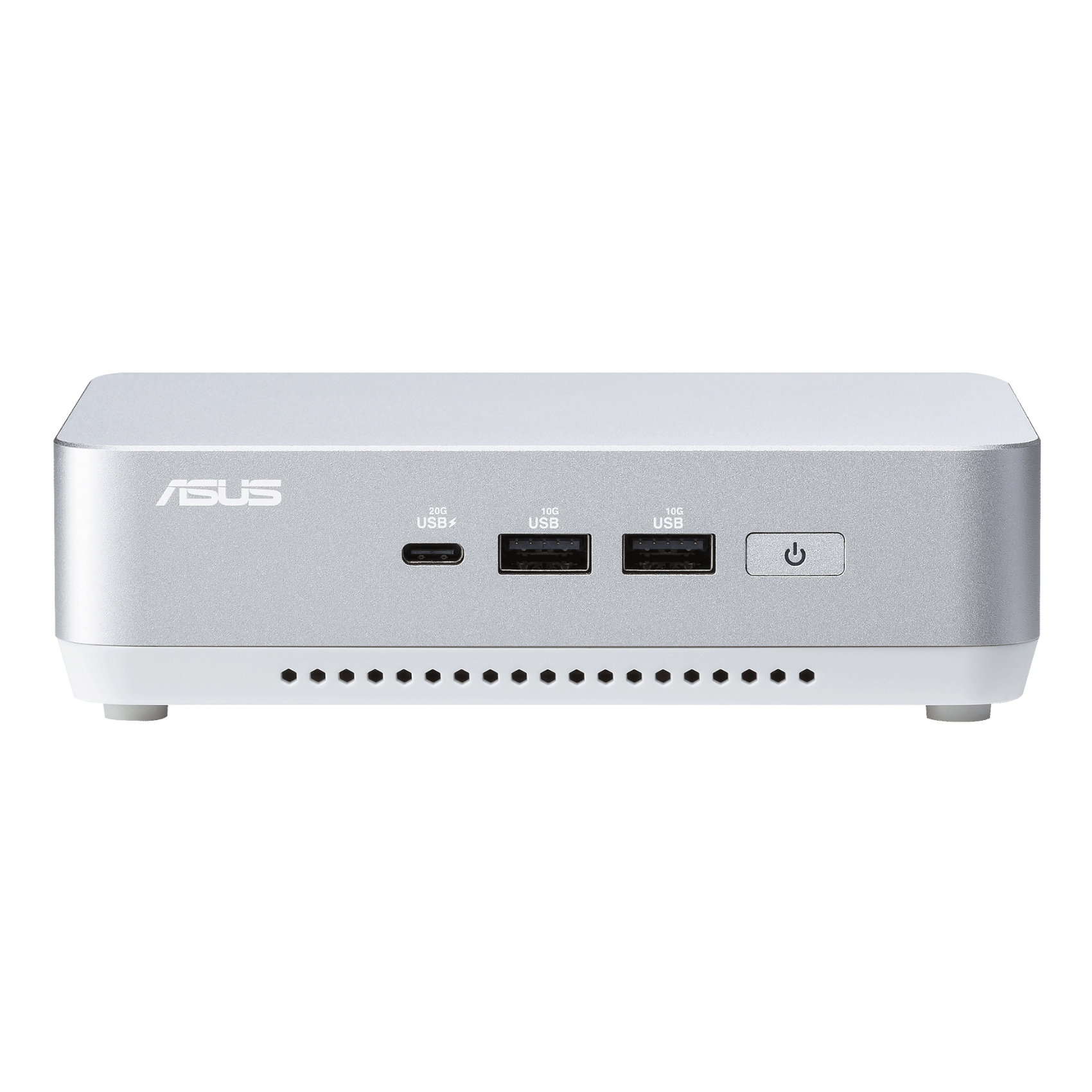 Srebrny mini PC ASUS. Posiada porty USB, przycisk zasilania i białą podstawę z małymi otworami. Tło jest białe.
