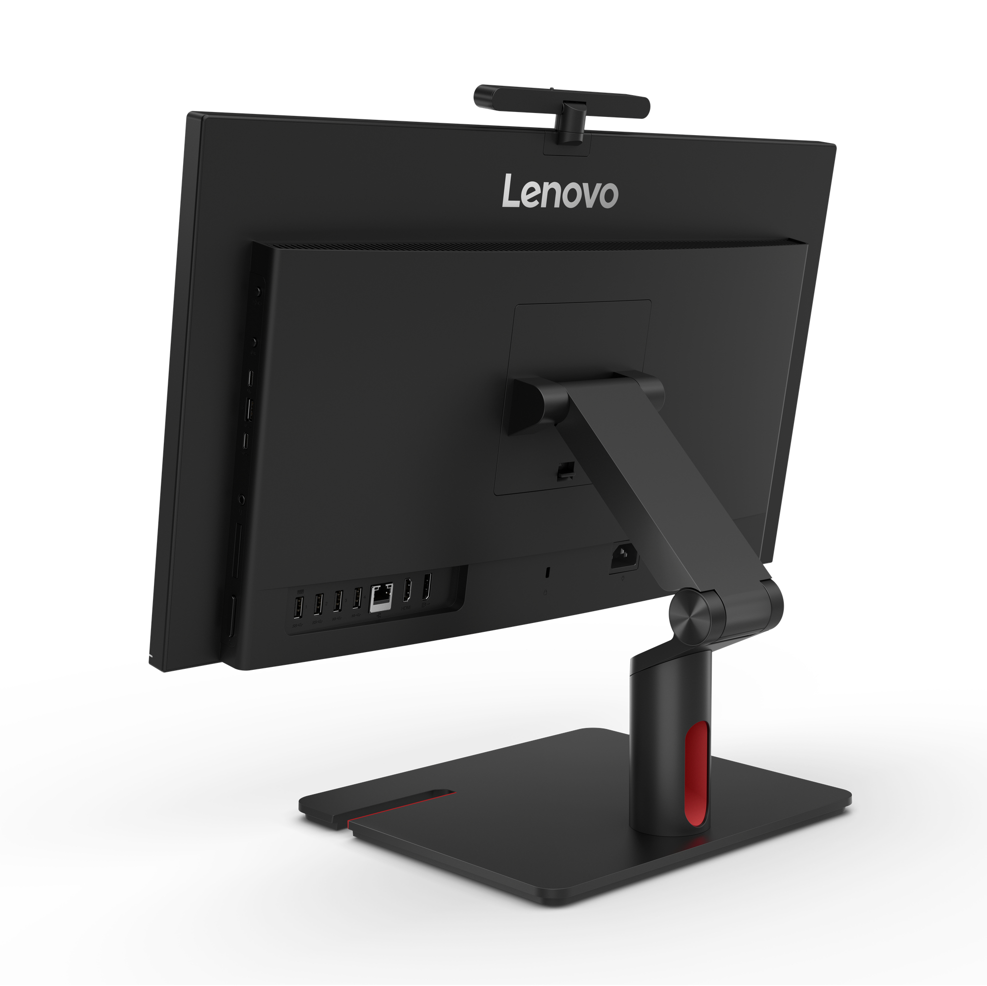 Computer Lenovo all-in-one nero. È visibile il retro, che mostra le porte, un supporto e una webcam.
