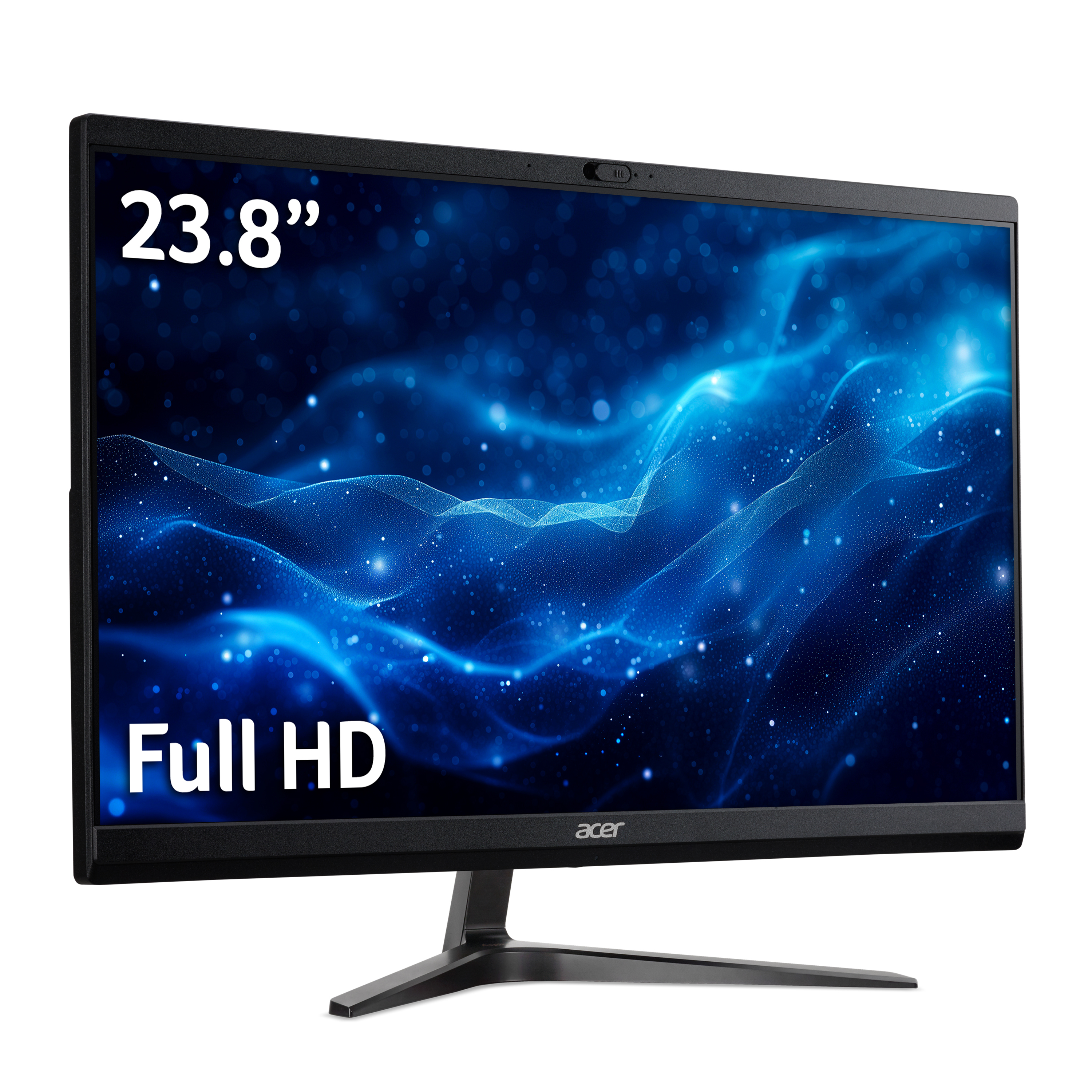 Un monitor Acer nero da 23,8" Full HD visualizza uno sfondo blu astratto con il logo Acer.