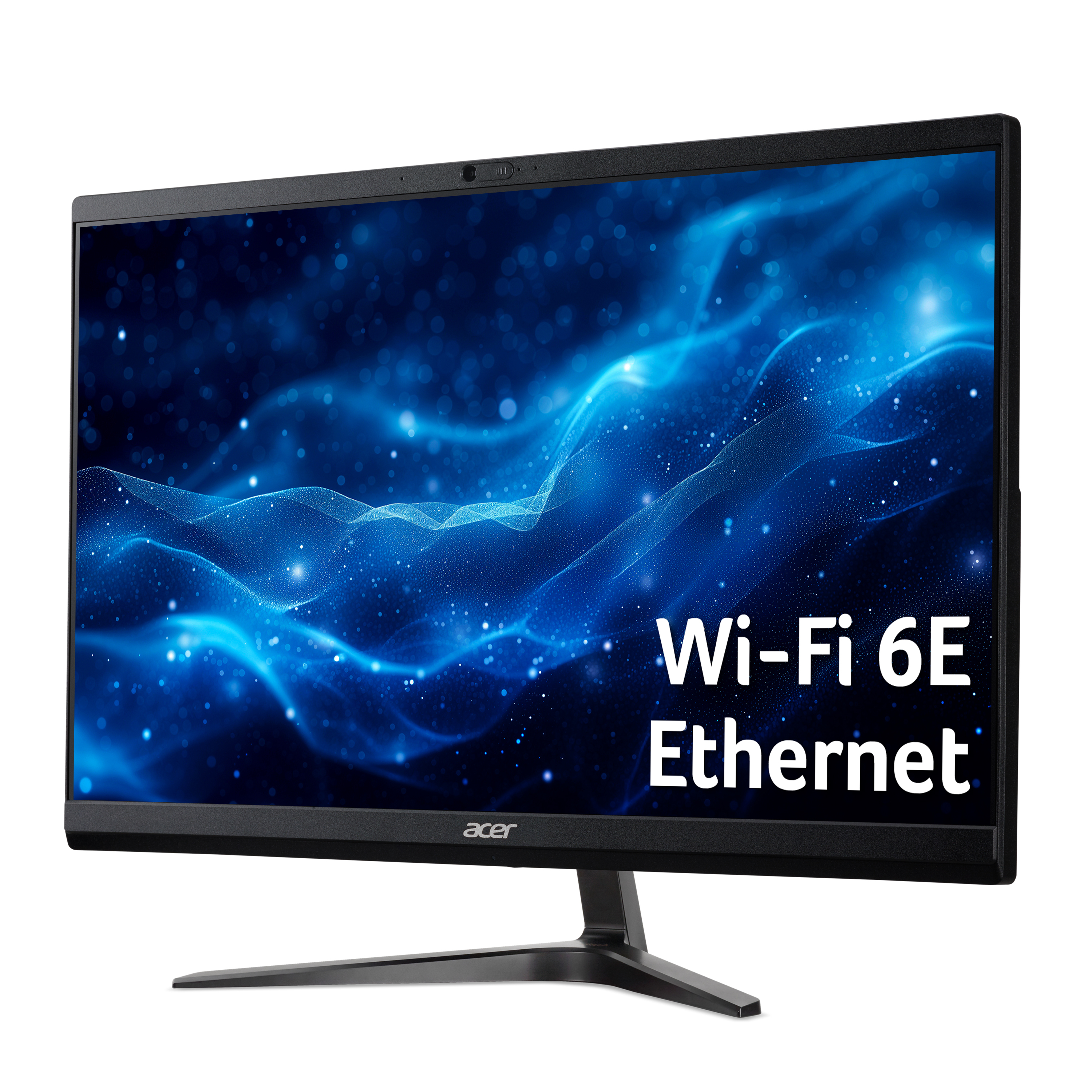 Un monitor Acer mostra uno sfondo blu astratto con testo Wi-Fi 6E ed Ethernet. Il monitor ha una cornice nera.