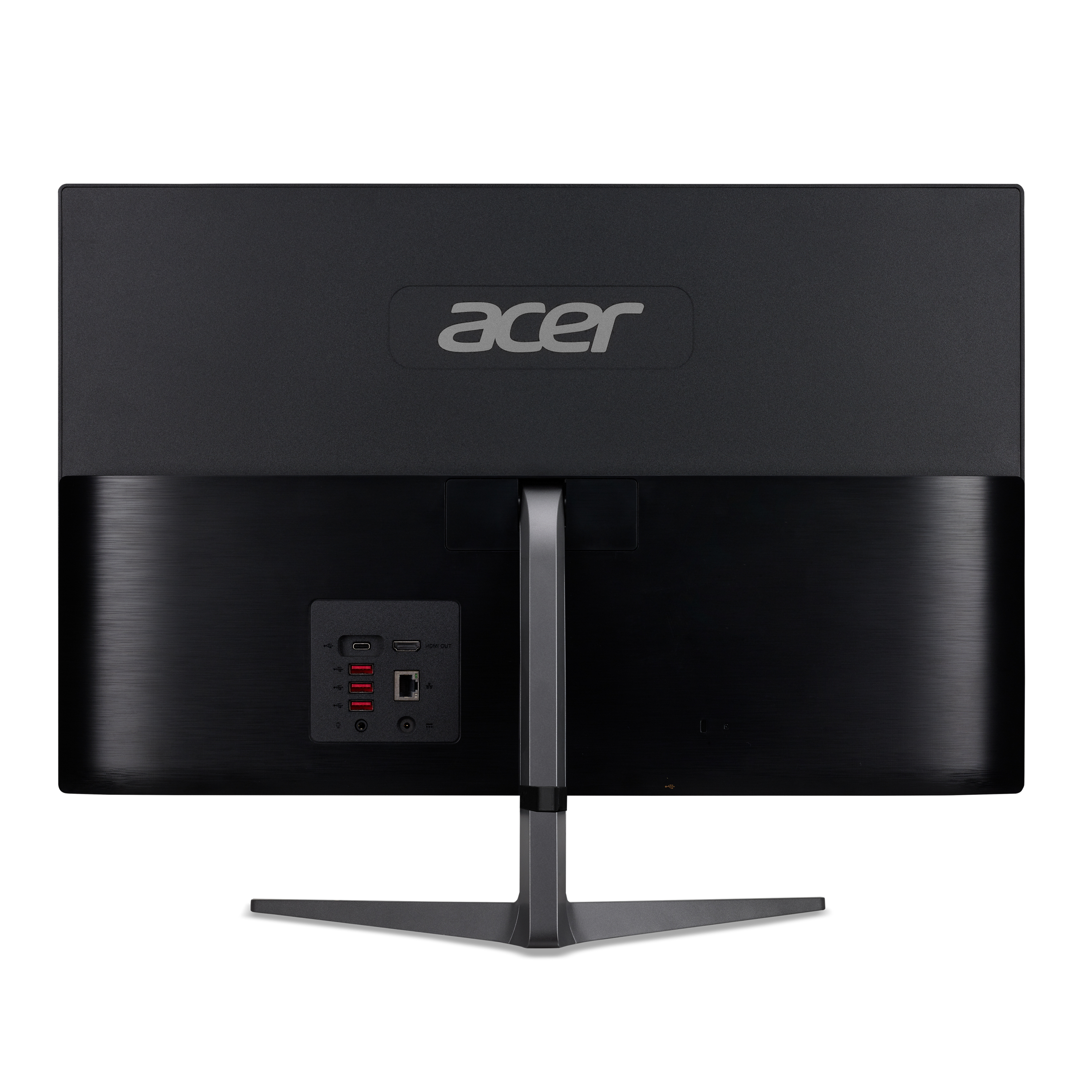 Retro di un monitor Acer nero, che mostra porte, supporto e logo del marchio. Il monitor è su sfondo bianco.