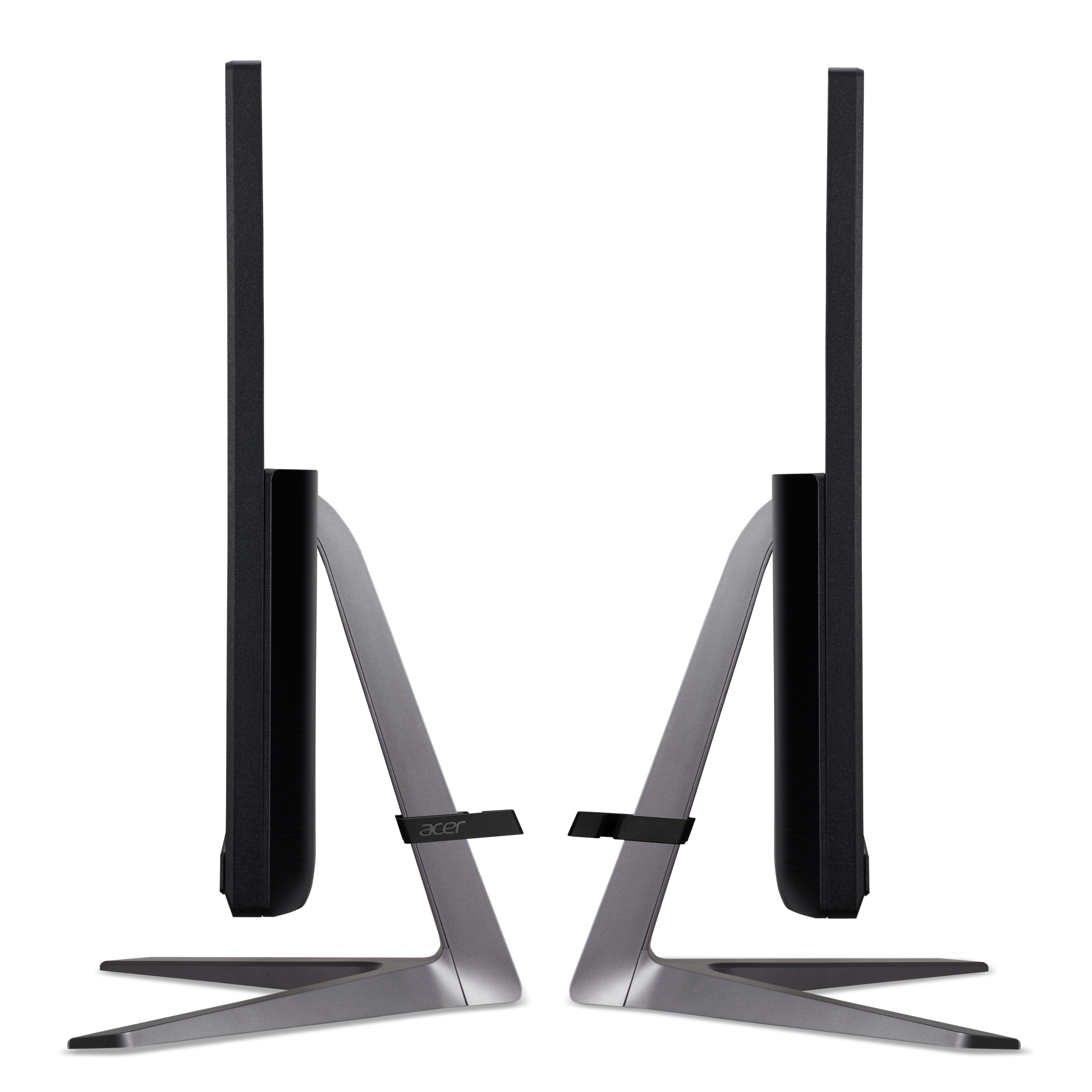 Due monitor Acer affiancati. Ogni monitor ha uno schermo nero e un supporto grigio. Lo sfondo è bianco.