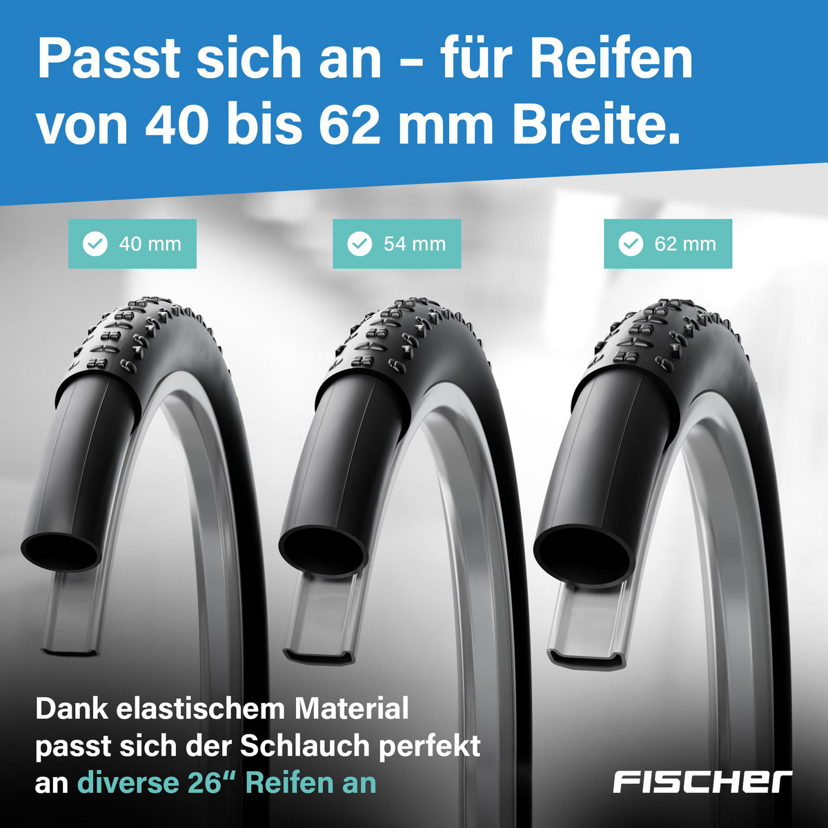 Das Bild zeigt drei schwarze Fahrradreifen auf silbernen Felgen. Der Text weist darauf hin, dass sie für Breiten von 40-62 mm geeignet sind.
