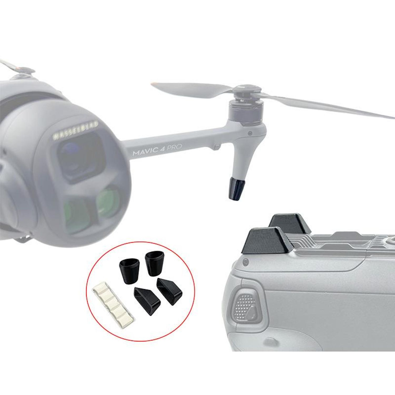 Un drone, con una parte staccata e accessori. Il drone è grigio, con parti nere. Gli accessori sono neri e bianchi.