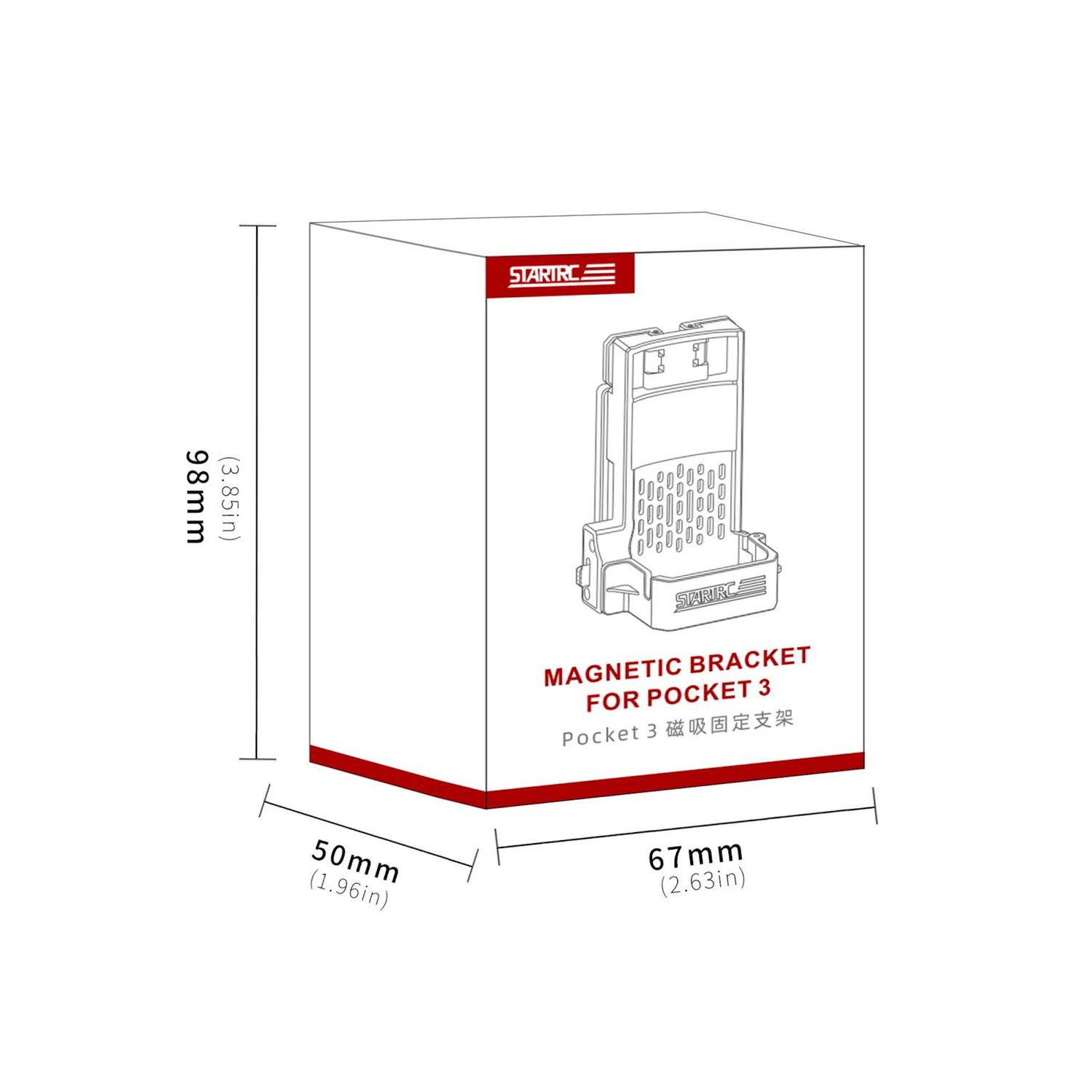 Una scatola del prodotto, sfondo bianco. Presenta un diagramma del prodotto, il testo 'MAGNETIC BRACKET FOR POCKET 3' e dimensioni in mm e pollici.