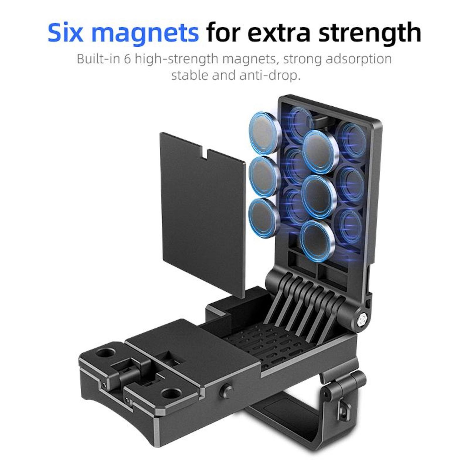 Supporto per telefono nero con sei magneti per una maggiore resistenza. Il supporto è aperto, mostrando i magneti.