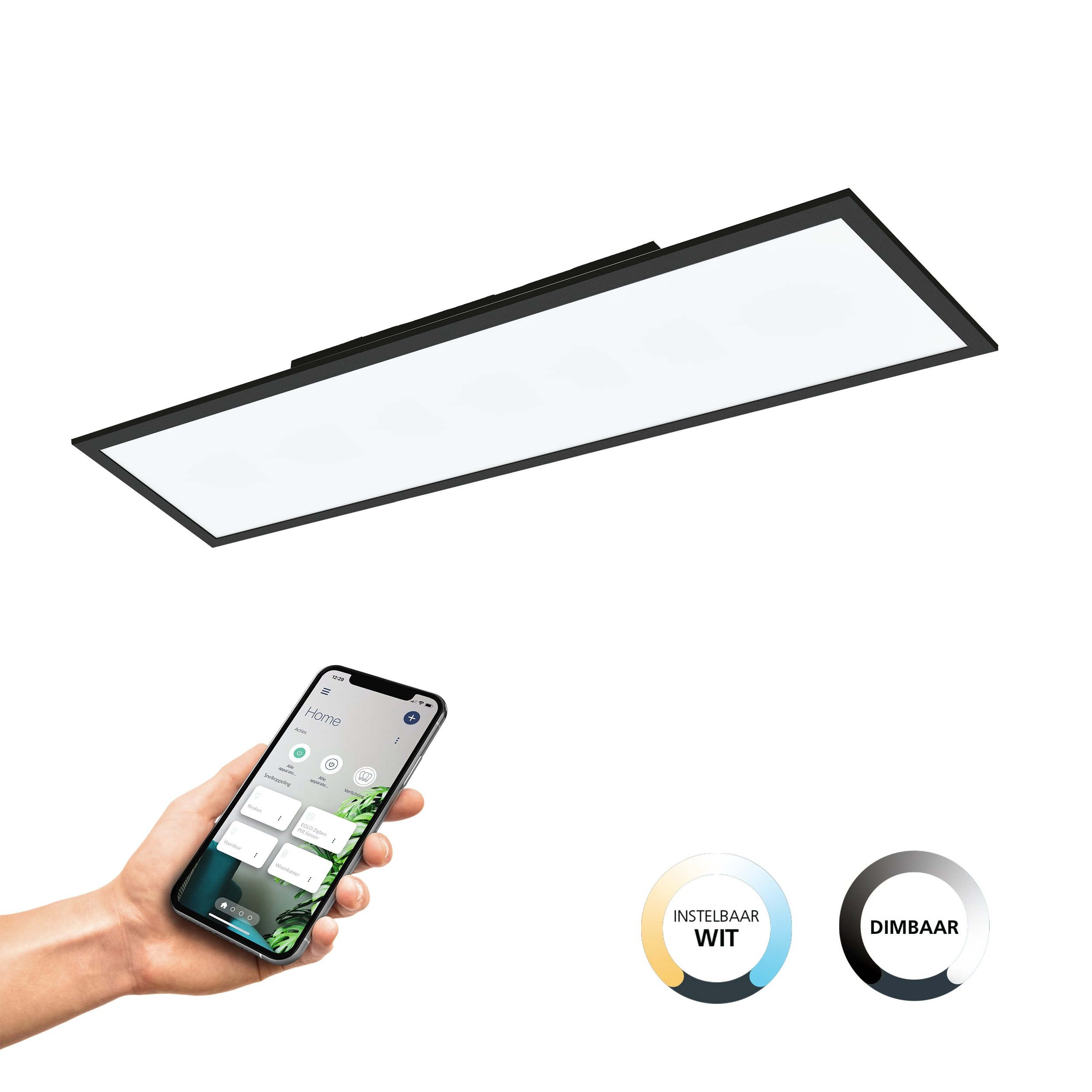 Una mano tiene in mano uno smartphone che mostra un'app per la casa intelligente. Sopra, un apparecchio di illuminazione rettangolare. Le etichette mostrano le impostazioni della luce.