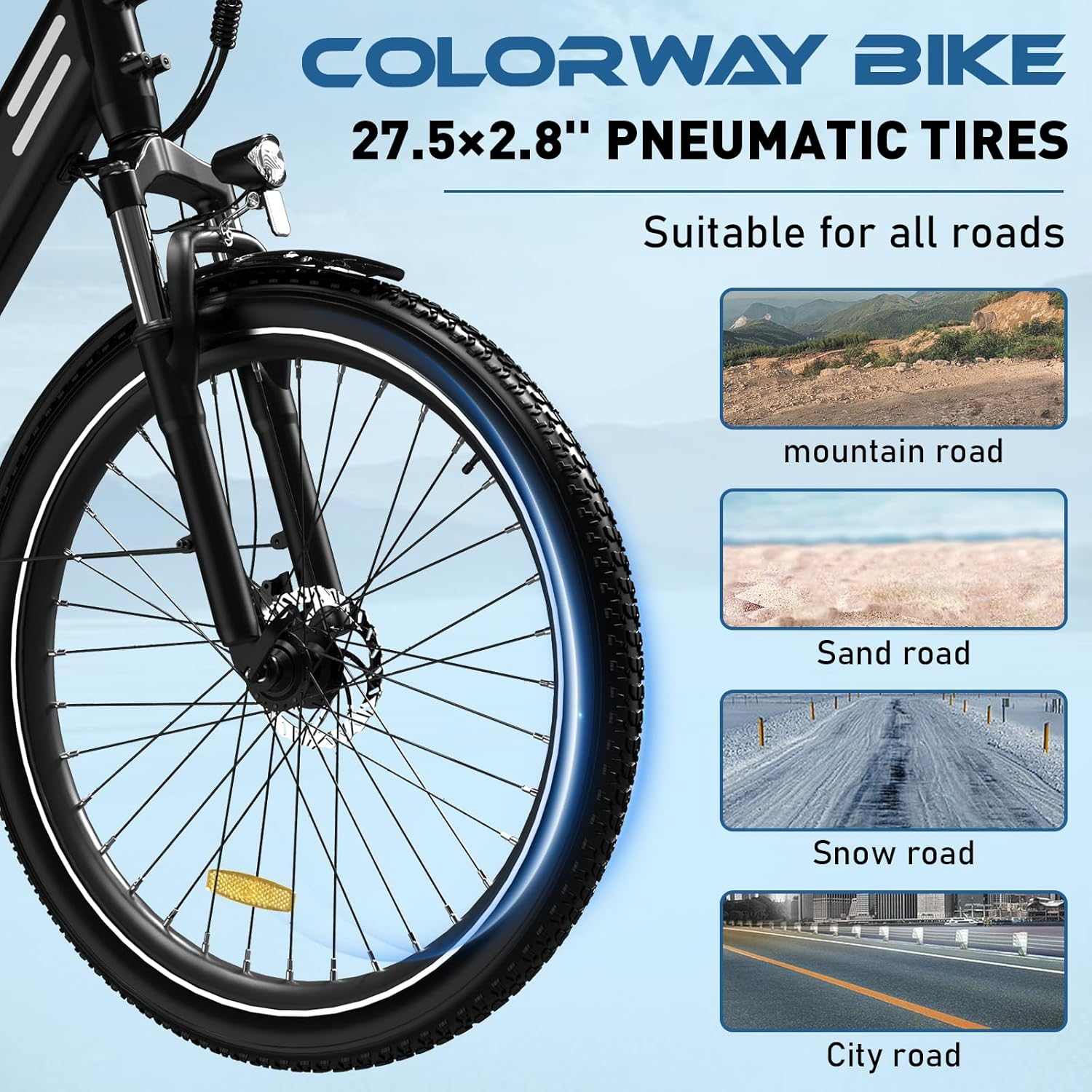 Ein Fahrradrad mit Reifen ist abgebildet. Der Text lautet 'COLORWAY BIKE'. Zusätzliche Bilder zeigen verschiedene Straßenarten.
