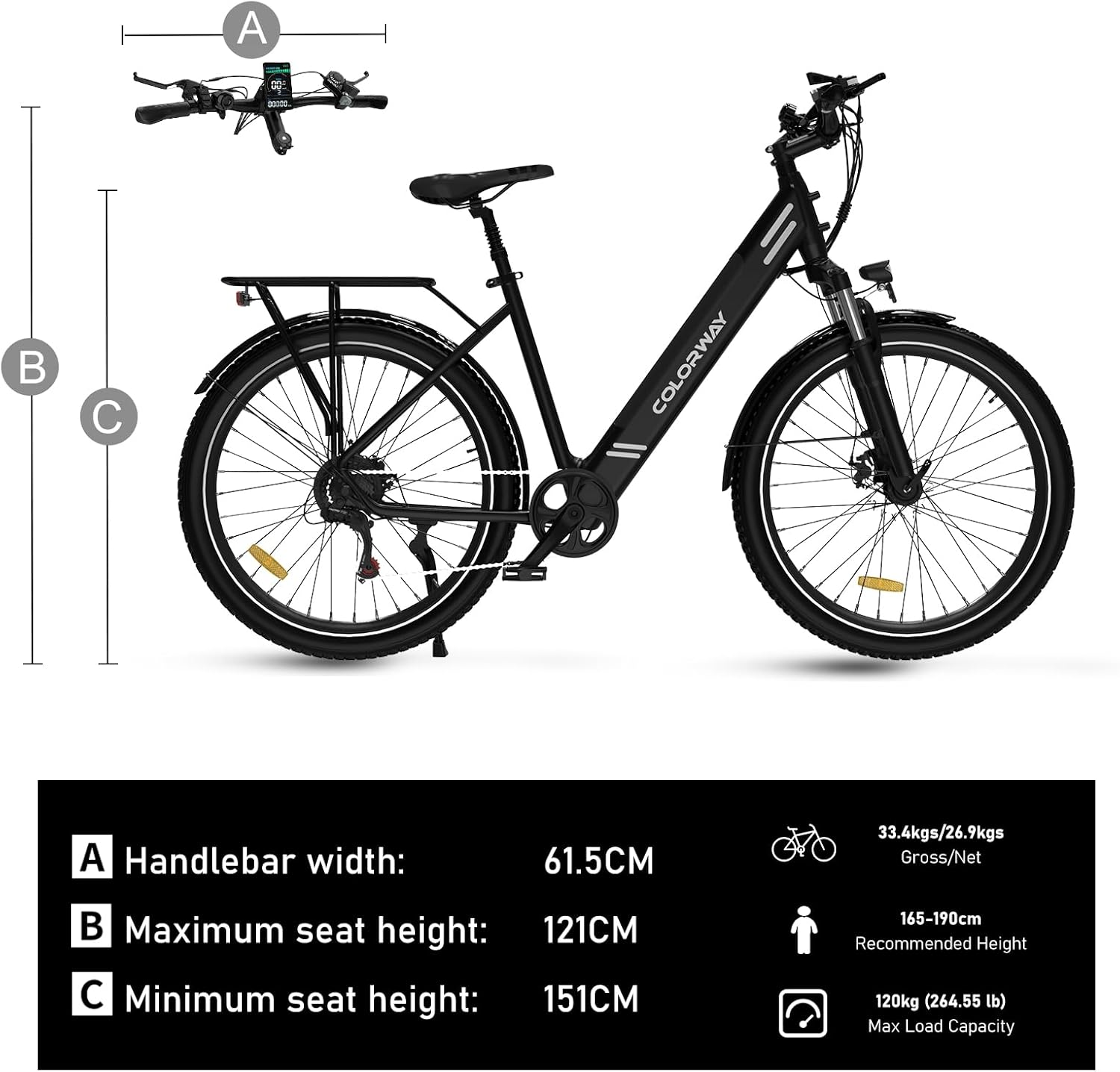 Schwarzes Elektrofahrrad mit Spezifikationen: Lenkerbreite 61,5 cm, max. Sitzhöhe 121 cm, min. Sitzhöhe 151 cm. Info-Panel.