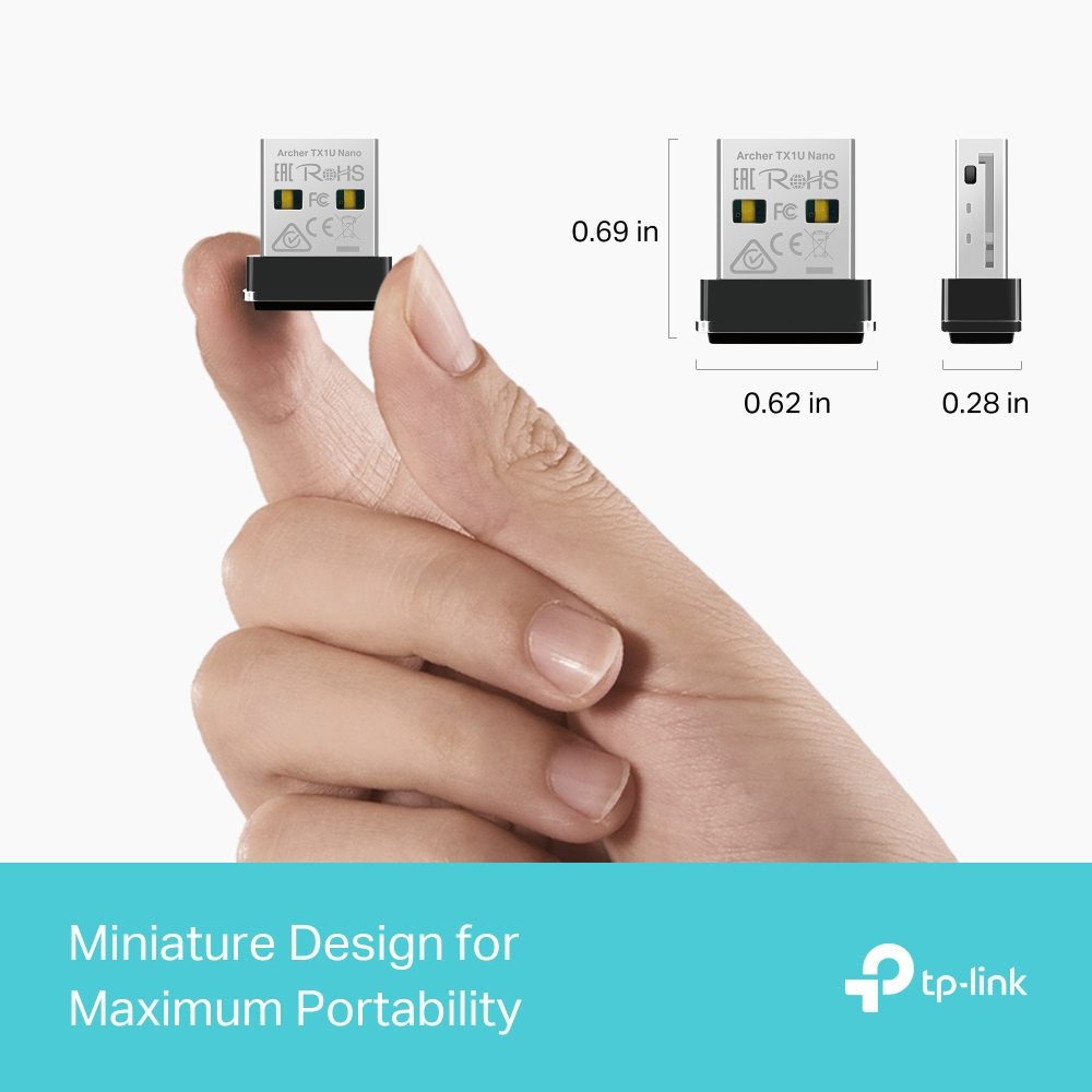 Bir el küçük bir USB cihazı tutuyor. Cihaz siyah ve gümüş renktedir. Boyutlar gösterilmektedir. Metin: Maksimum taşınabilirlik için minyatür tasarım.