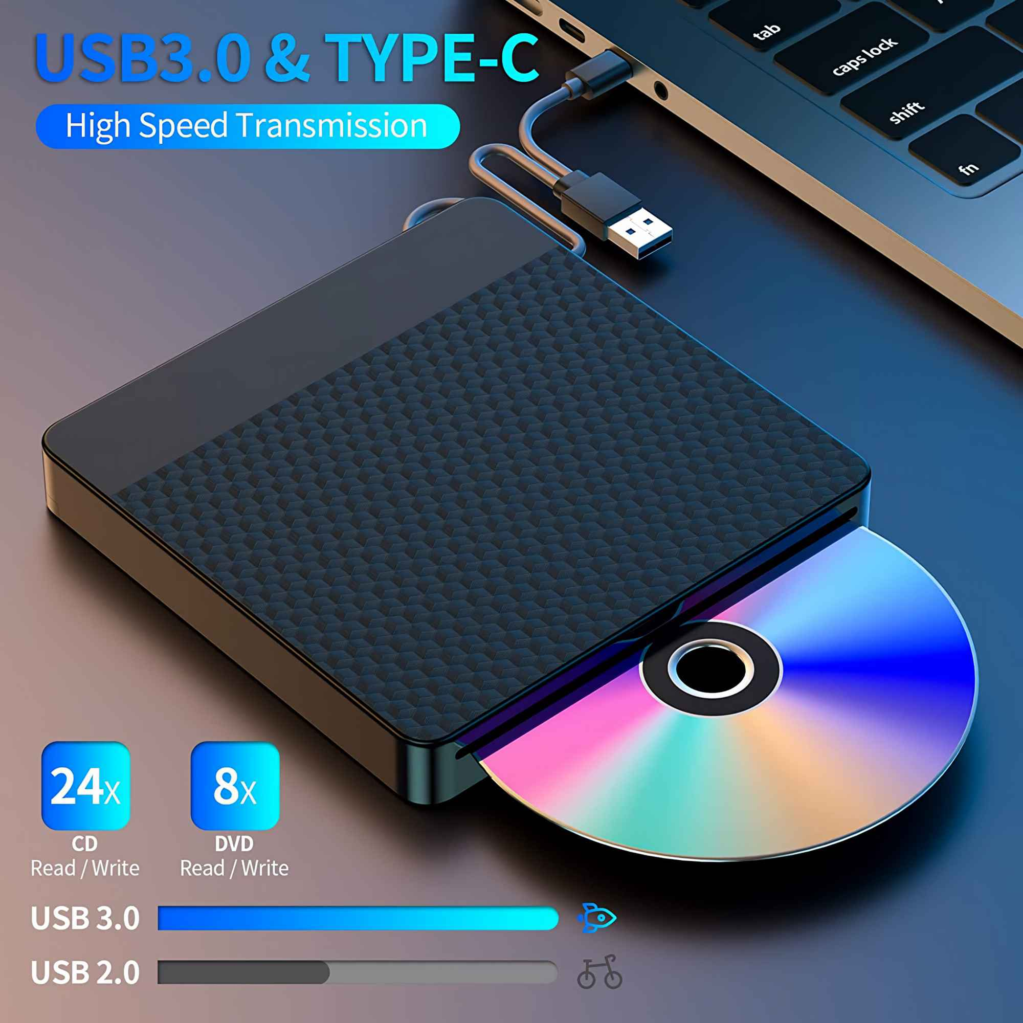 Ein schwarzes USB 3.0 & Typ-C CD/DVD-Laufwerk ist an einen Laptop angeschlossen. Eine Disc ist eingelegt. Blauer und schwarzer Farbverlaufhintergrund.