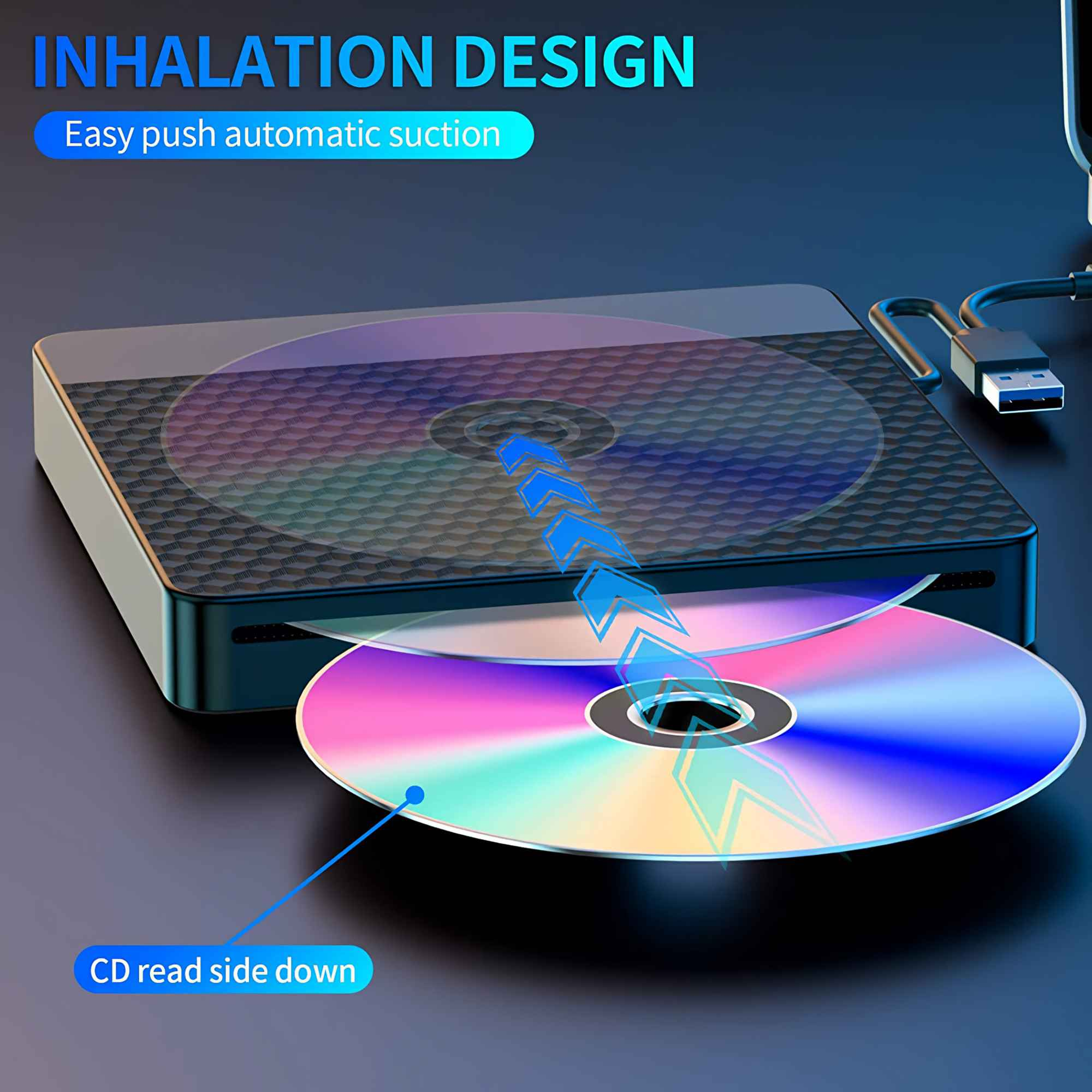 Ein CD-Player mit teilweise eingelegter CD. Die CD hat einen Regenbogen-Schimmer. Text: 'Inhalation Design, Easy push automatic suction'.