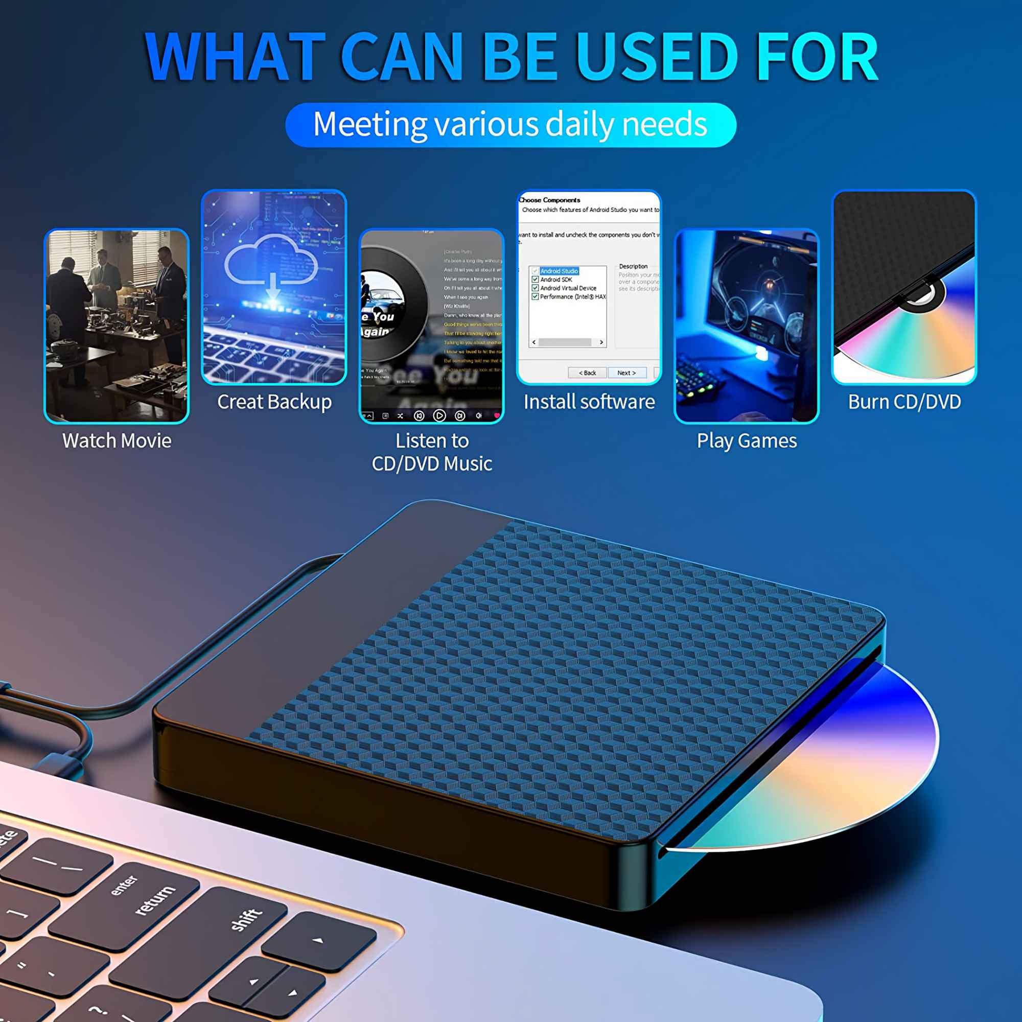 Ein Laptop mit externem CD/DVD-Laufwerk, das Anwendungen wie Filme ansehen, Backups erstellen und Spiele spielen zeigt.