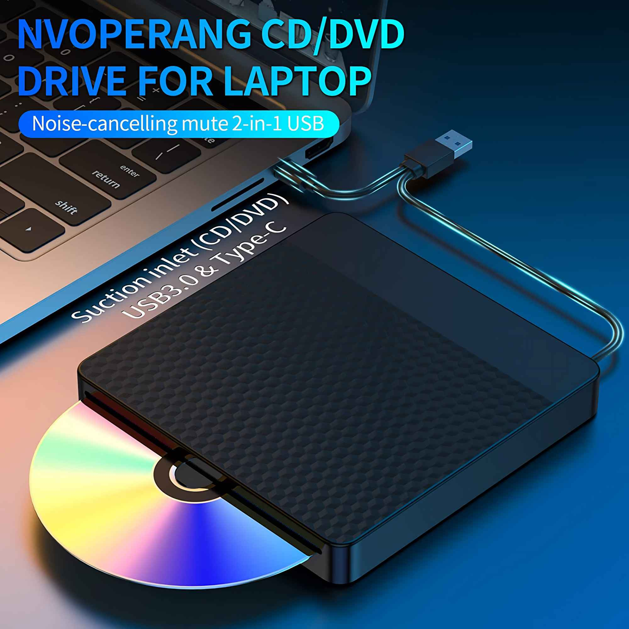 Ein Laptop mit einem CD/DVD-Laufwerk, das über USB verbunden ist. Eine bunte CD ist teilweise eingelegt. Das Laufwerk ist schwarz.