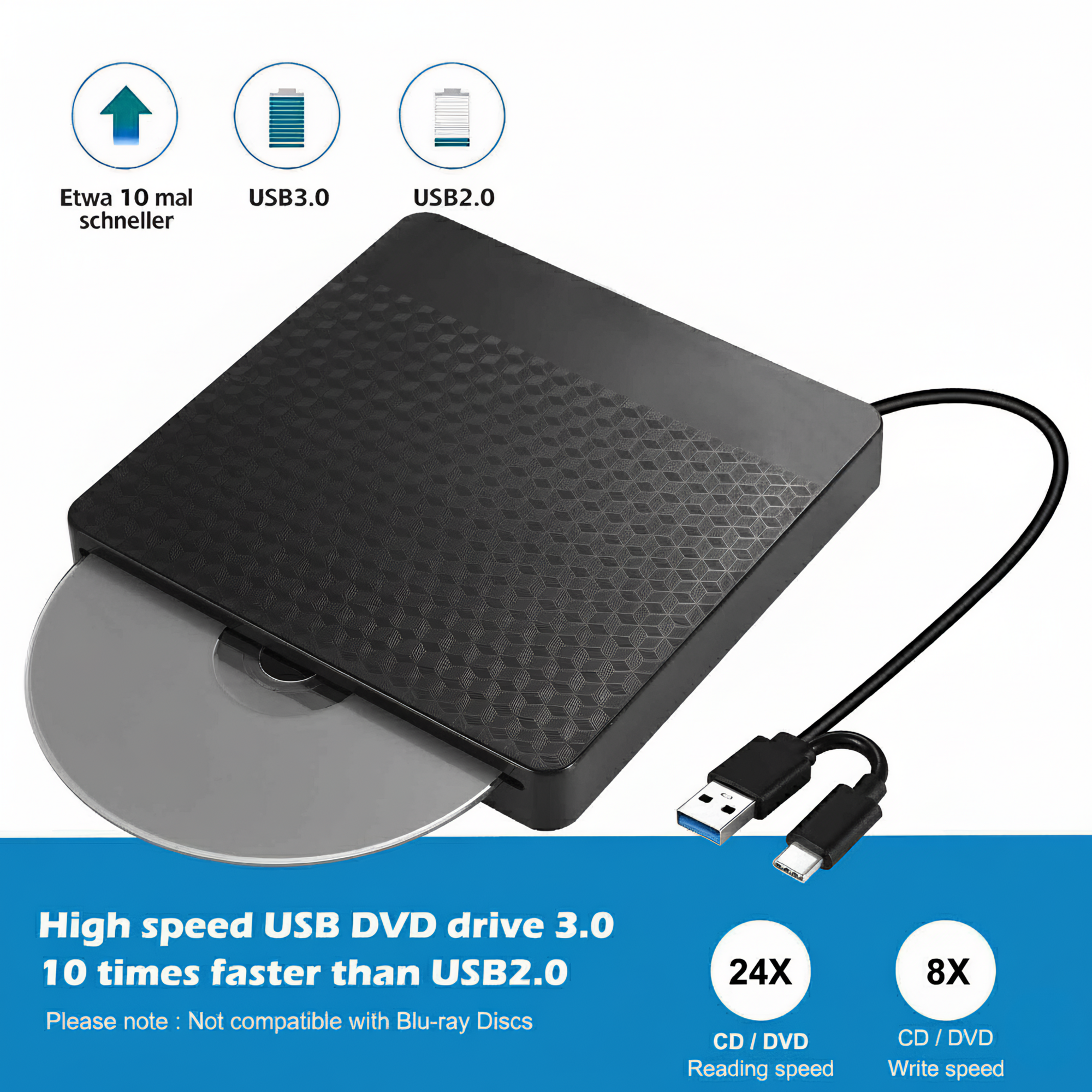 Ein schwarzes USB-DVD-Laufwerk mit einer CD. Text unten zeigt hohe Geschwindigkeit und USB 3.0 an.