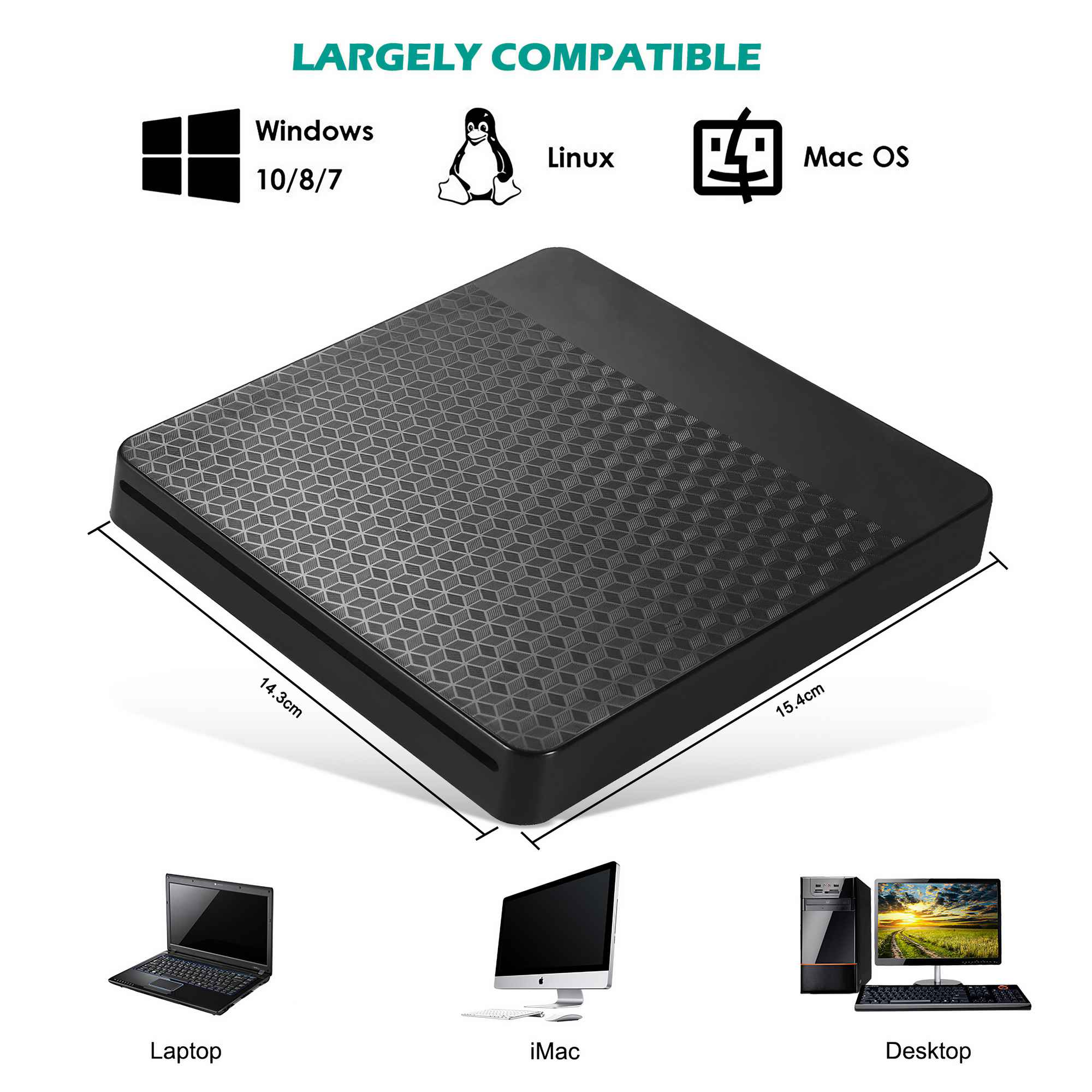 Ein schwarzes Gerät mit gemusterter Oberseite, das mit Windows, Linux und Mac OS kompatibel ist. Laptops und Desktops sind unten abgebildet.