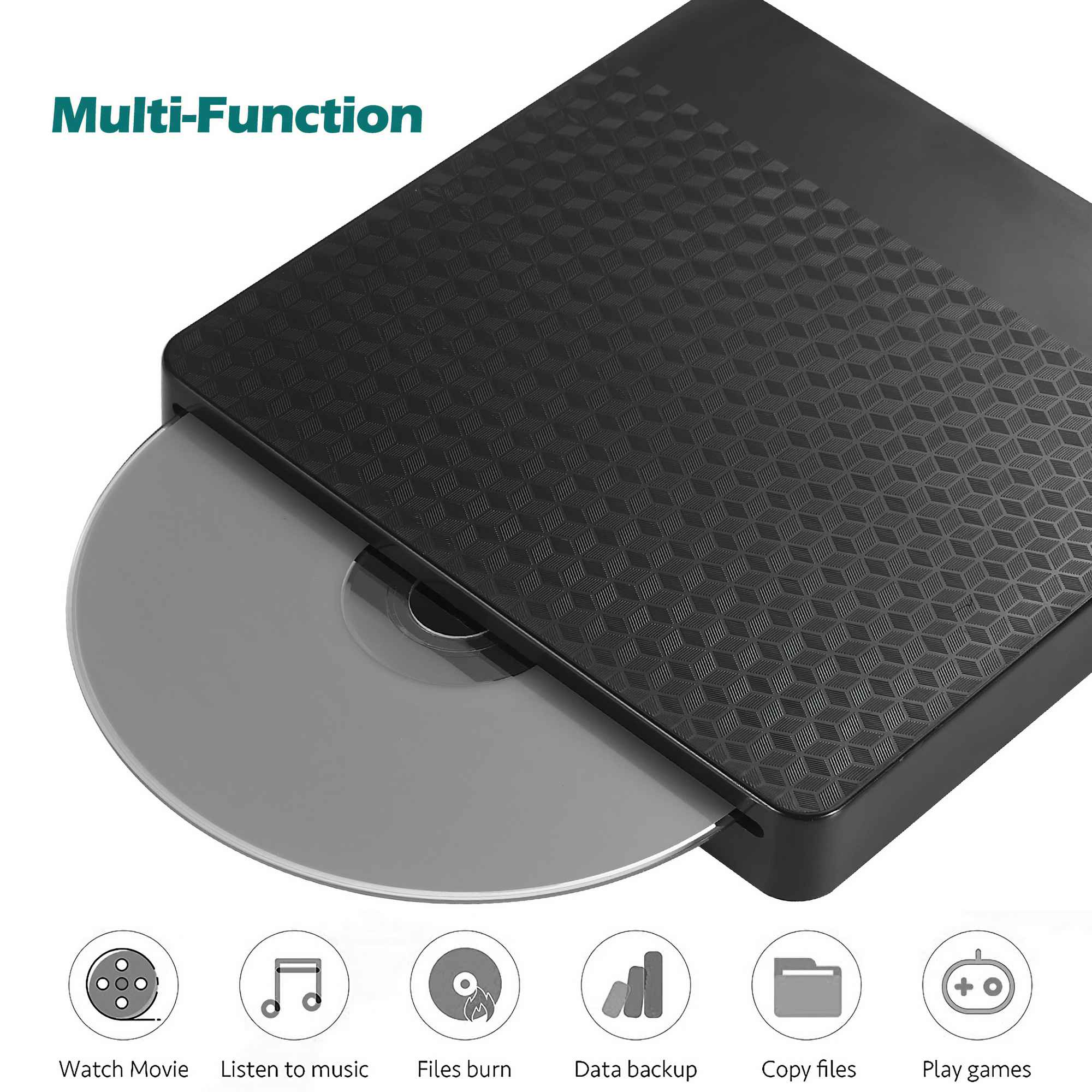 Schwarzer DVD-Player mit teilweise eingelegter silberner Disc. Symbole für Film, Musik, Dateiaktionen darunter.