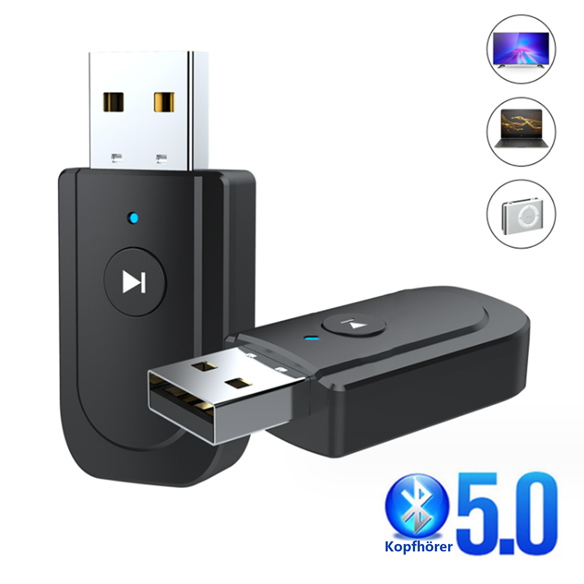 Schwarzer USB-Bluetooth-Adapter. Play-Taste und Kontrollleuchte. Bluetooth 5.0 Logo mit 'Kopfhörer' Text. Geräte-Icons.
