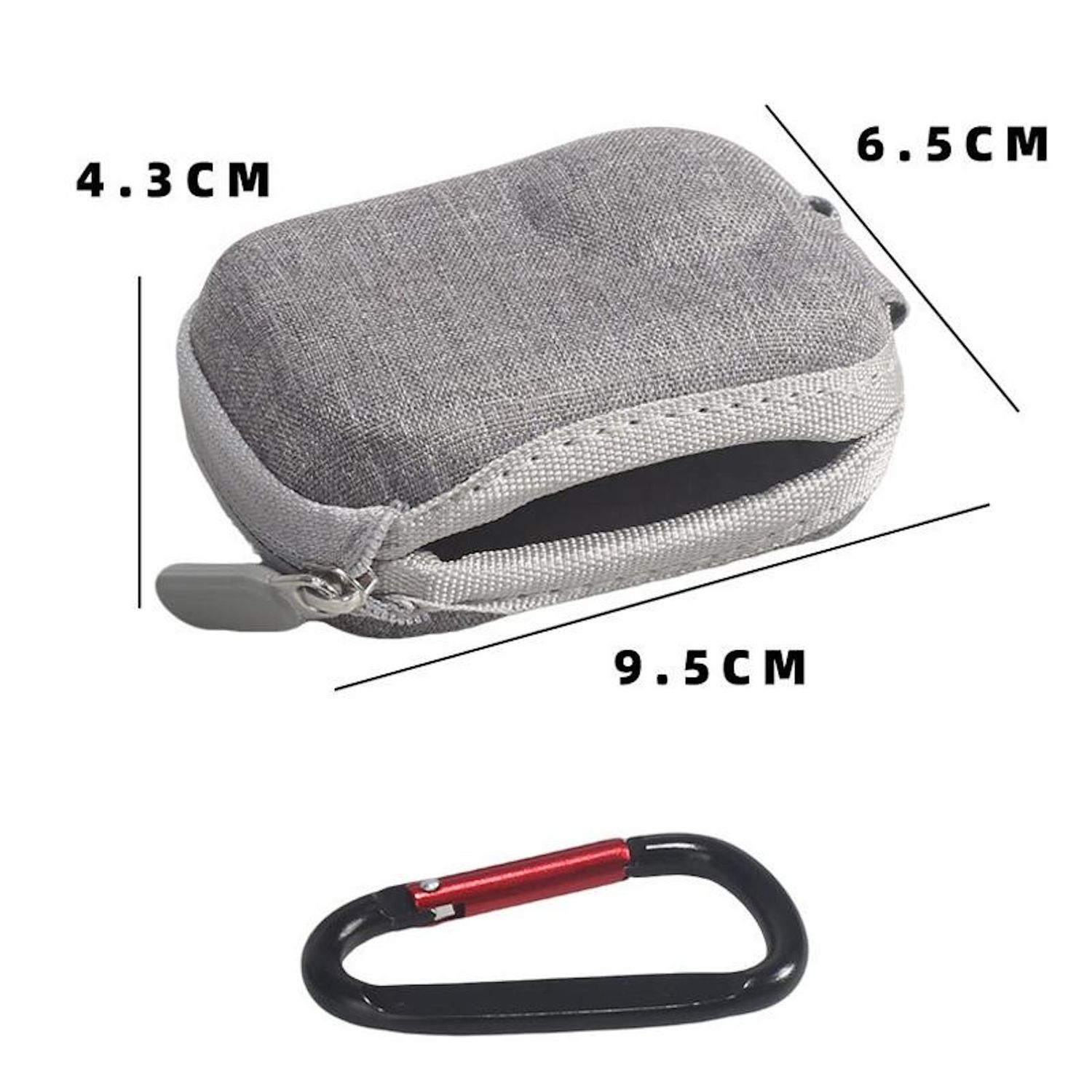 Un astuccio grigio con dimensioni (4,3 cm, 6,5 cm, 9,5 cm) ed un moschettone nero con un accento rosso sono mostrati.