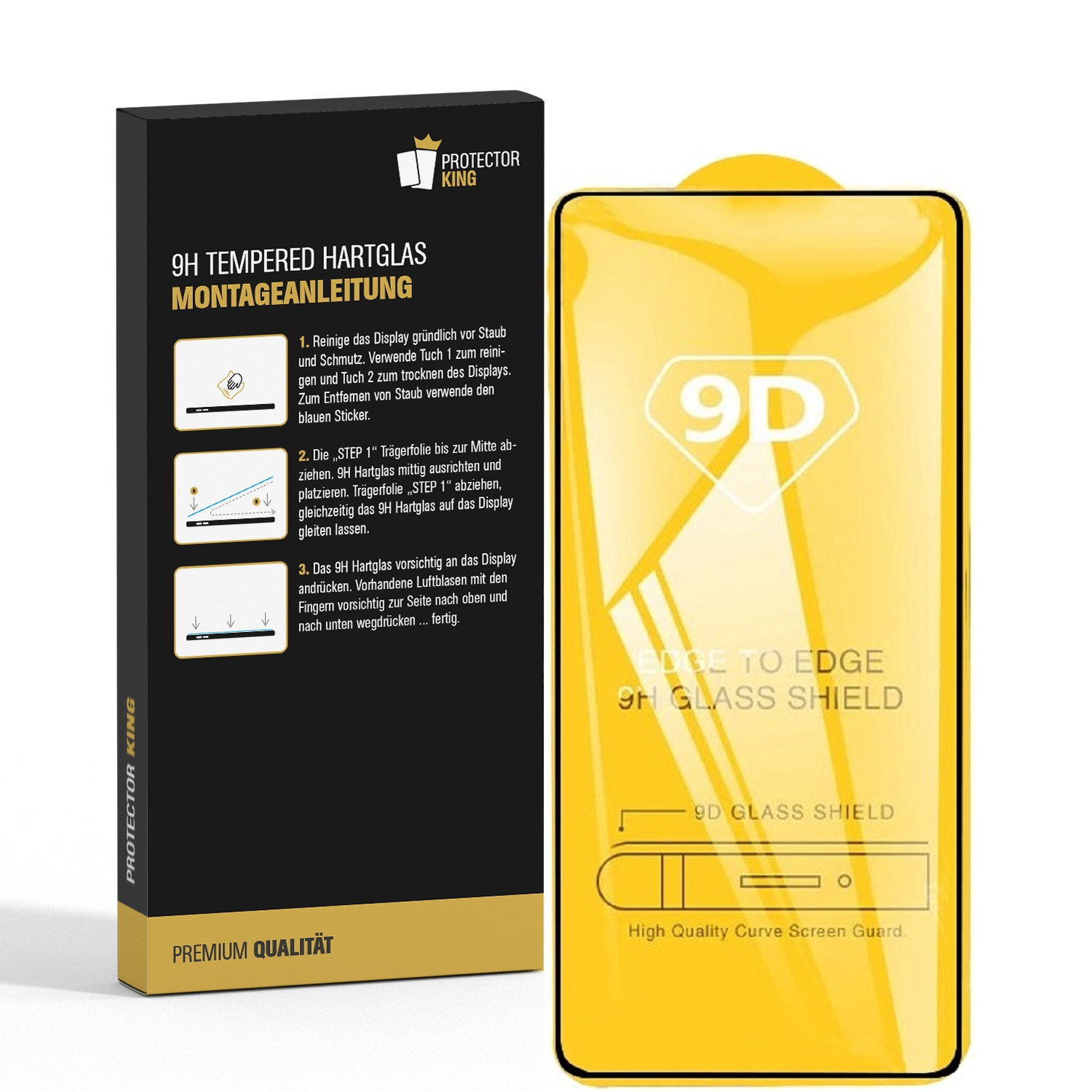Eine Telefon-Displayschutzbox und ein gelb verpackter Displayschutz. Die Box listet Installationsschritte auf.