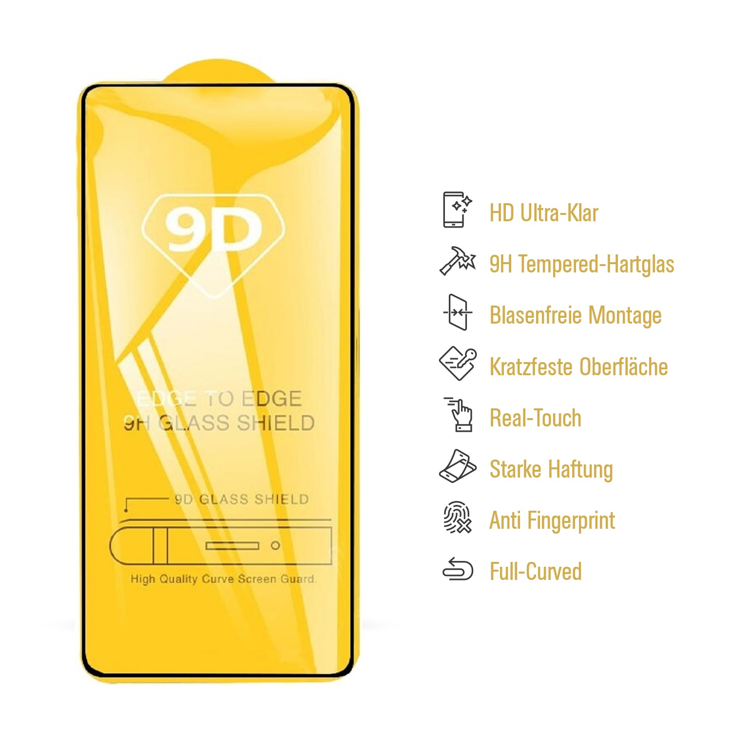 Ein gelber Displayschutz mit '9D' und '9H Glass Shield'. Eigenschaften umfassen HD-Klarheit, gehärtetes Glas und Anti-Fingerabdruck.