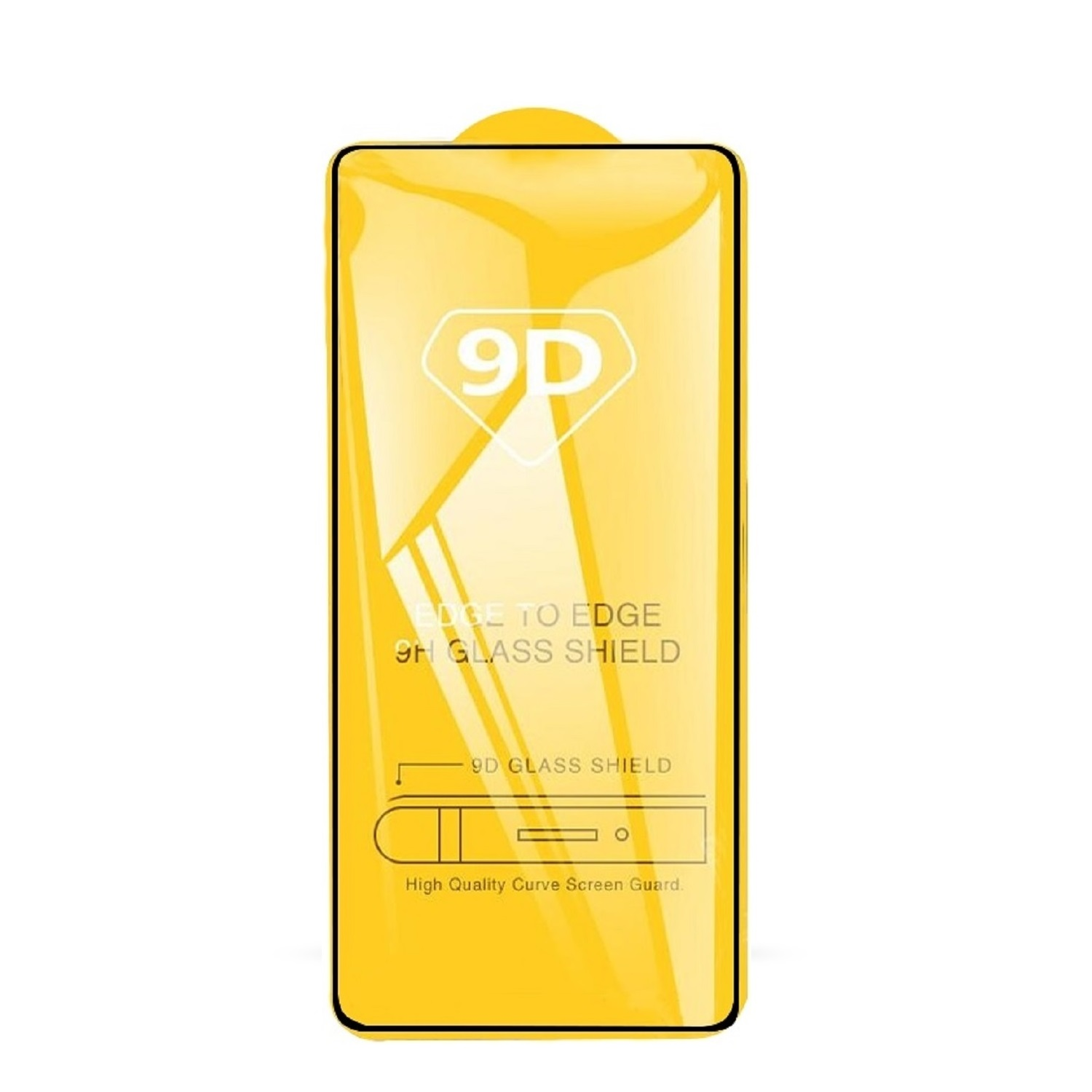 Ein gelber 9D-Displayschutz, randlos, mit Text: 9H Glasschutz, 9D Glasschutz und hochwertiger Curved Screen Schutz.