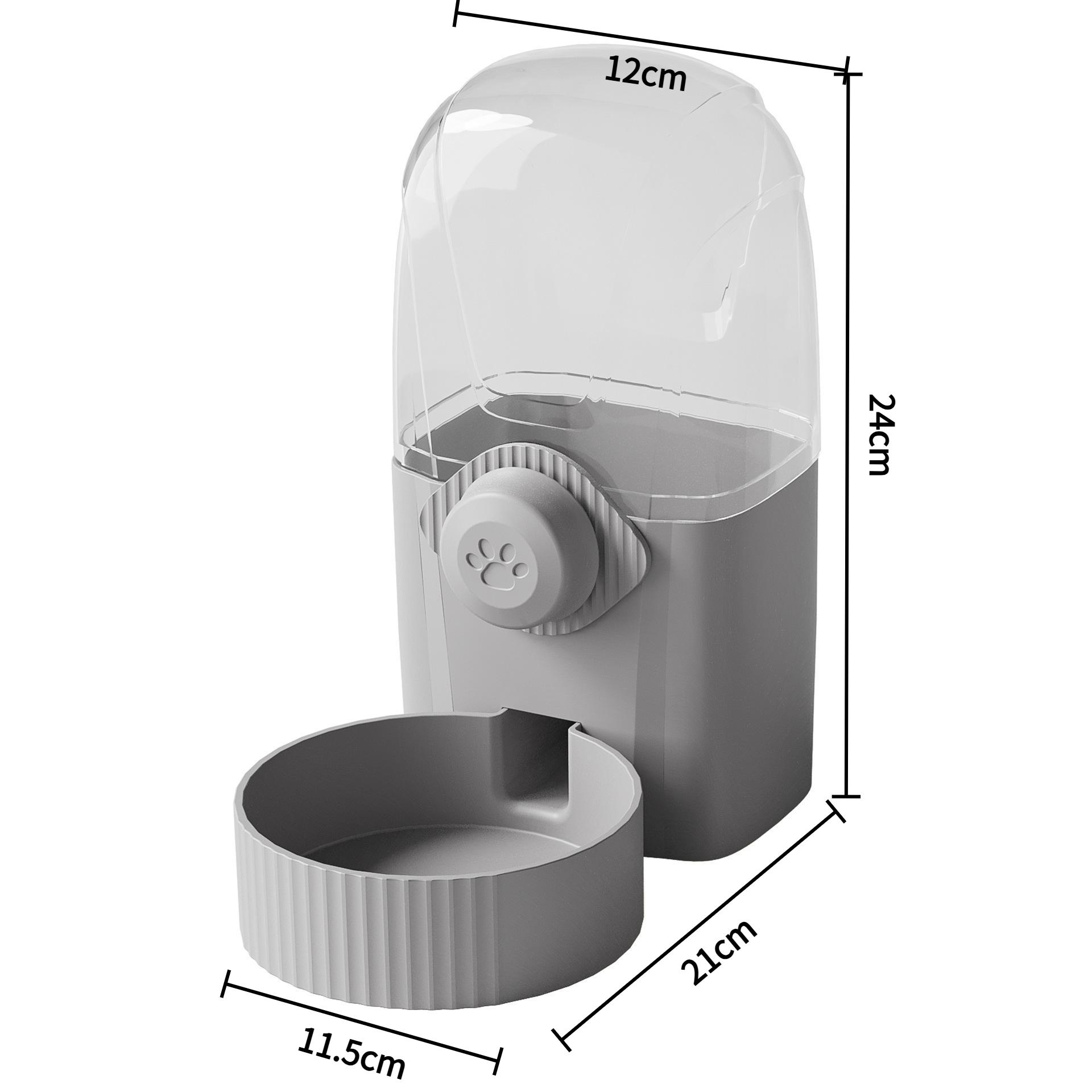Ein grauer Futternapf mit transparentem Deckel. Beinhaltet eine Schüssel. Abmessungen sind beschriftet: 12 cm, 24 cm, 21 cm, 11,5 cm.