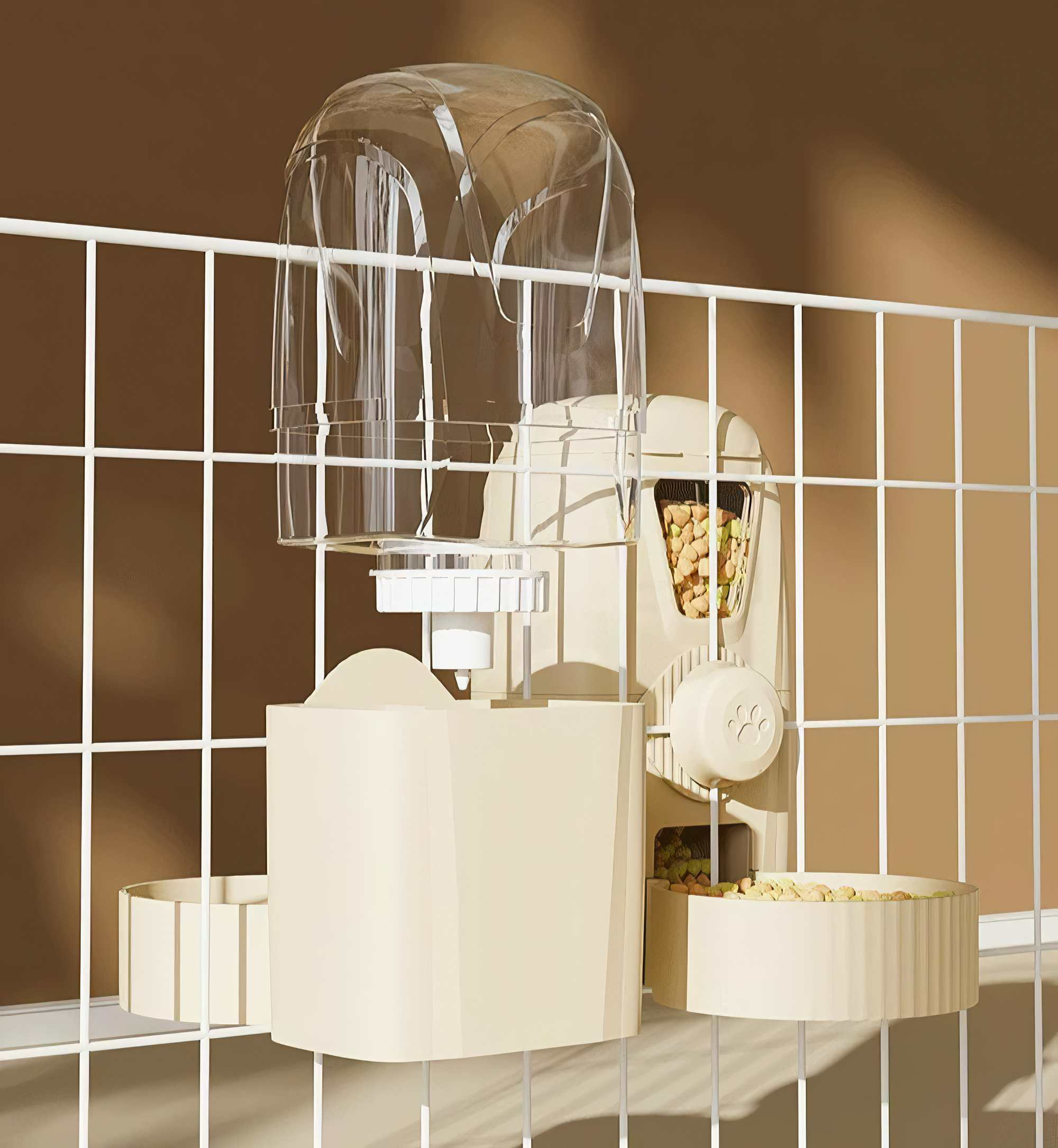 Ein beigefarbener Tierfutterautomat mit einem durchsichtigen Futterbehälter. Der Futterautomat ist an einem weißen Gitter befestigt. Brauner Hintergrund.
