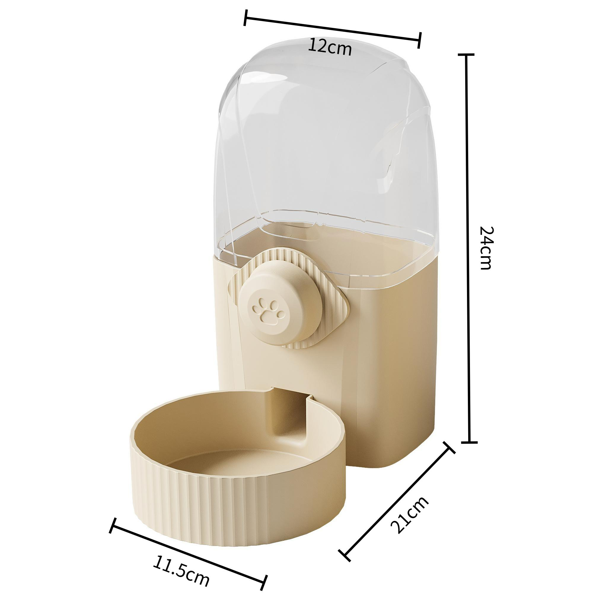 Beigefarbener Futterspender für Haustiere mit transparentem Deckel. Er hat eine Schüssel, einen Stauraum und ein Pfotenabdruck-Design.