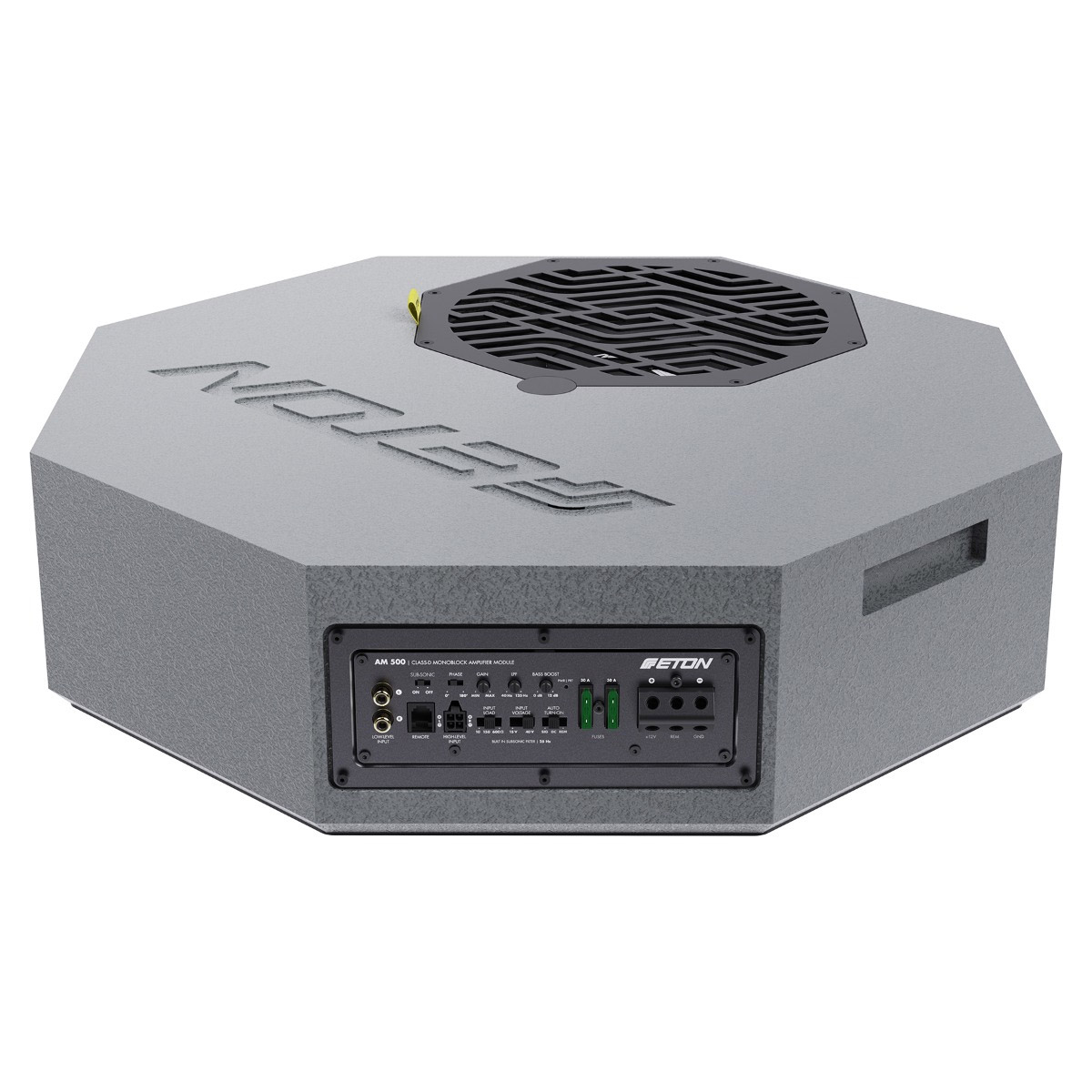Ein grauer achteckiger Subwoofer mit schwarzem Grill oben. Oben ist der Markenname eingraviert, vorne befinden sich verschiedene Bedienelemente.