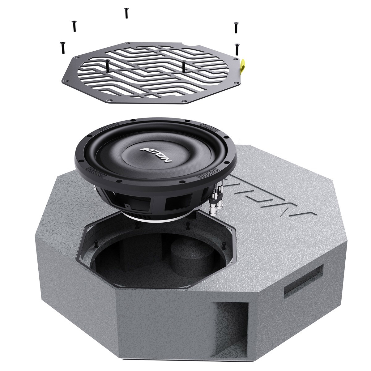 Explosionsansicht einer Subwoofer-Baugruppe. Sie umfasst einen Lautsprecher, ein Gitter, Schrauben und eine sechseckige Box. Der Lautsprecher ist schwarz.