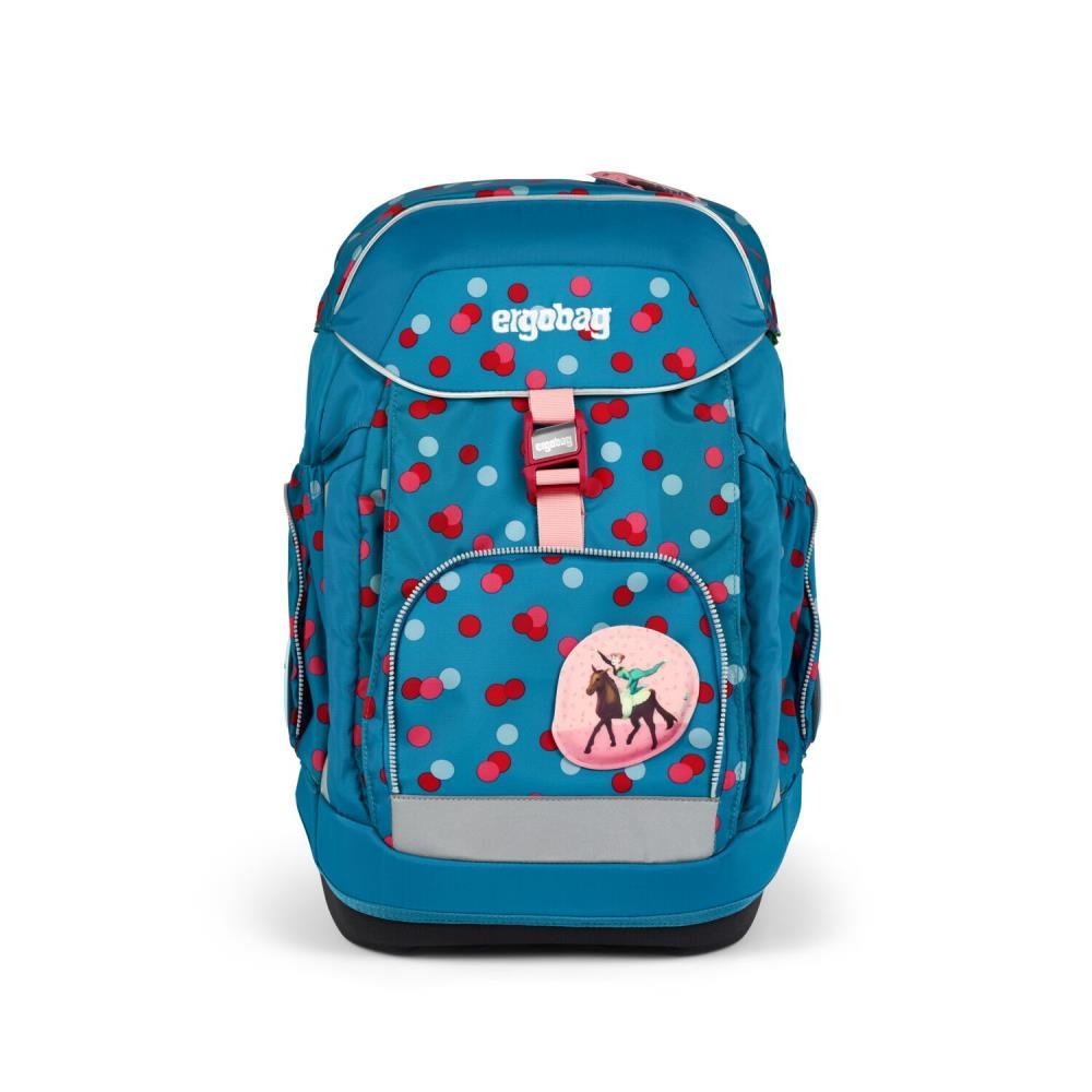 Ein blauer ergobag-Rucksack mit rosa und roten Punkten. Er hat einen Einhorn-Patch und rosa Träger. Das ergobag-Logo ist sichtbar.