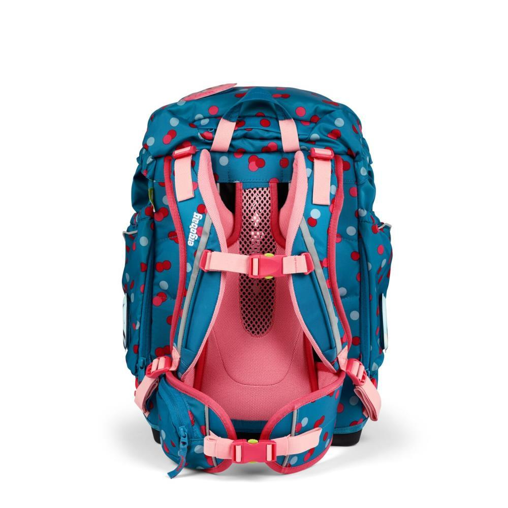 Ein blauer Schulrucksack mit rosa Trägern und Punkten. Er hat einen Netzeinsatz und mehrere Fächer.