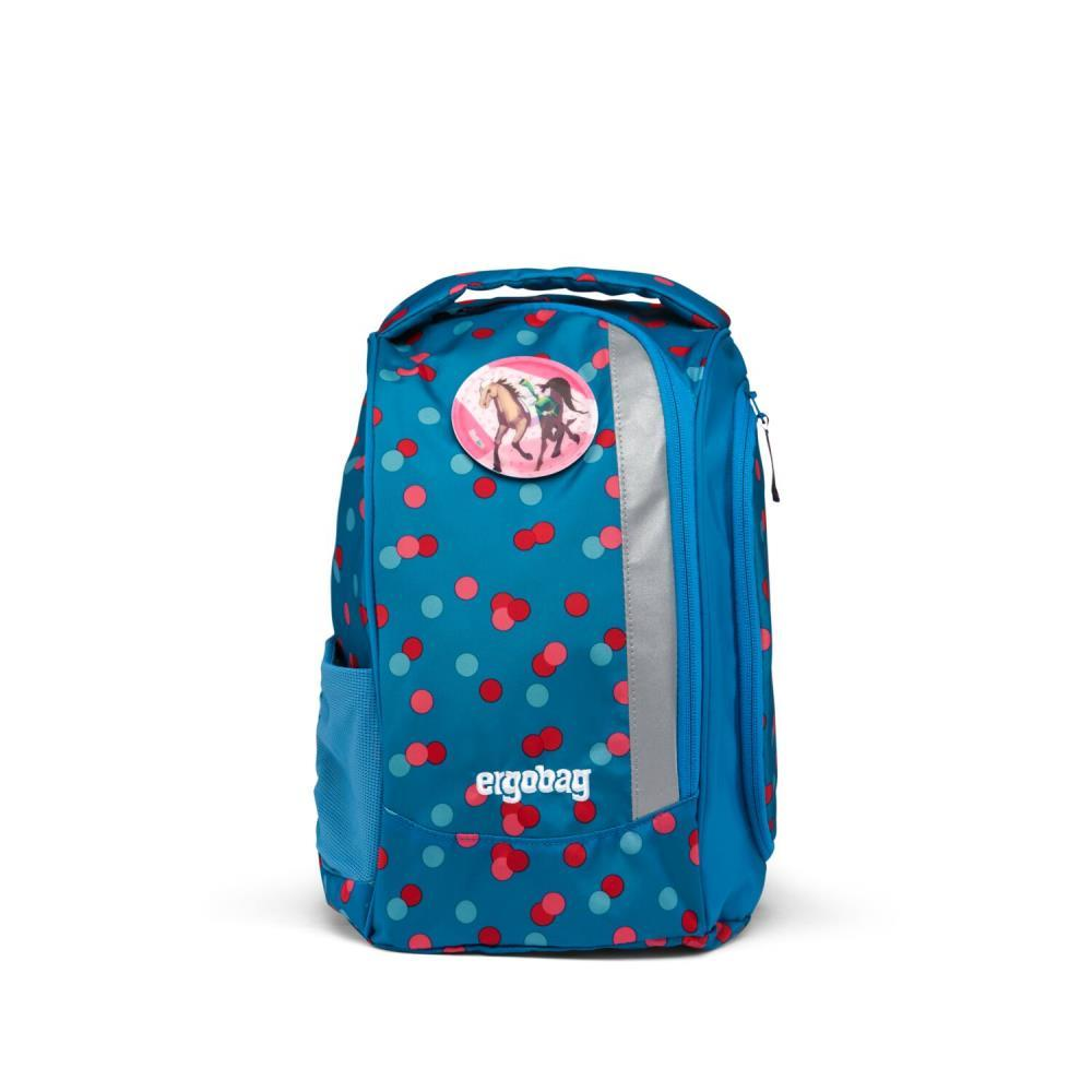 Ein blauer Rucksack mit roten und rosa Tupfen. Er hat einen Aufnäher mit Pferdegrafiken und 'ergobag' geschrieben.