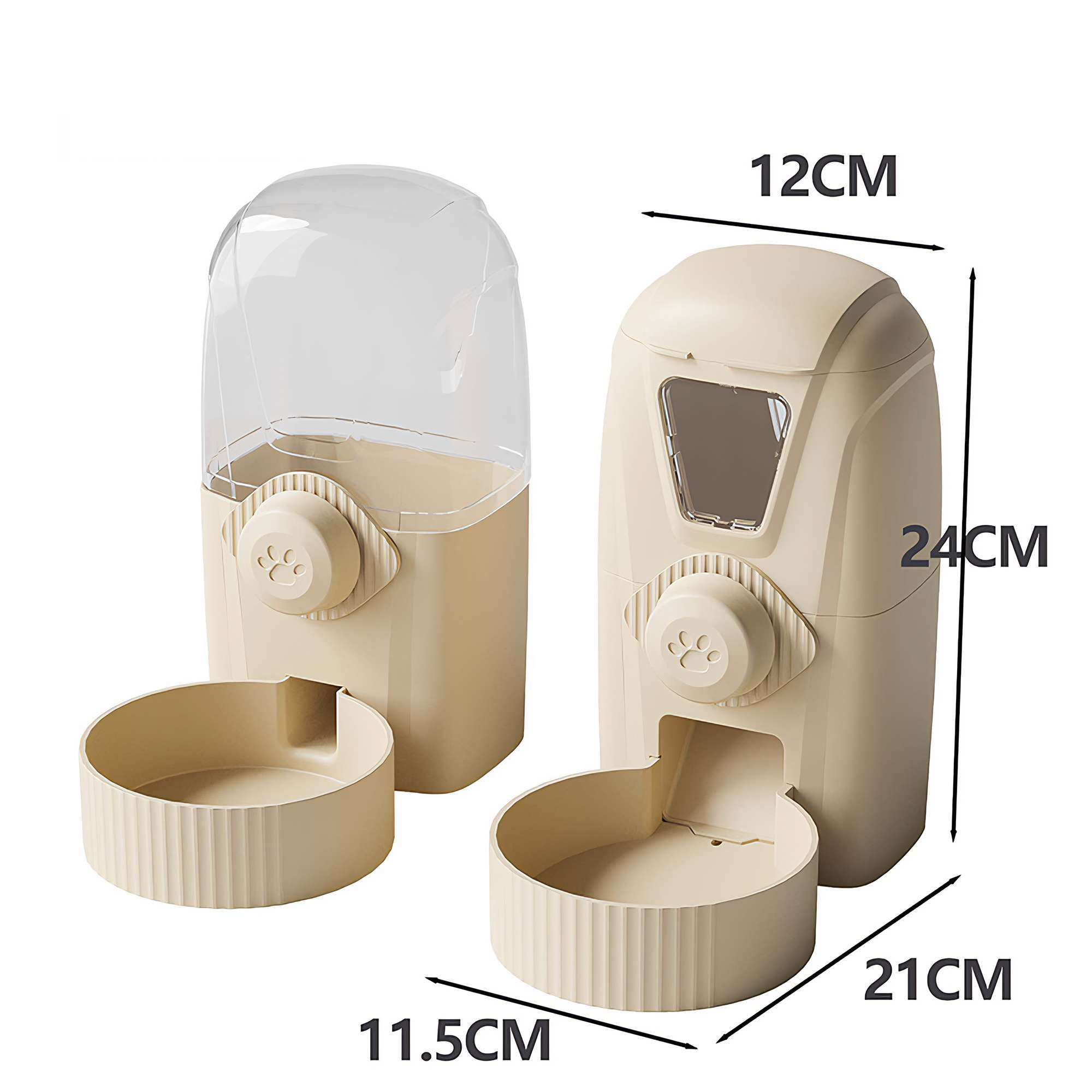 Zwei beige Tierfutterspender. Einer hat eine transparente Oberseite. Maße in cm: 12x24x21 und 11,5x24x21. Jeder hat eine Schüssel.