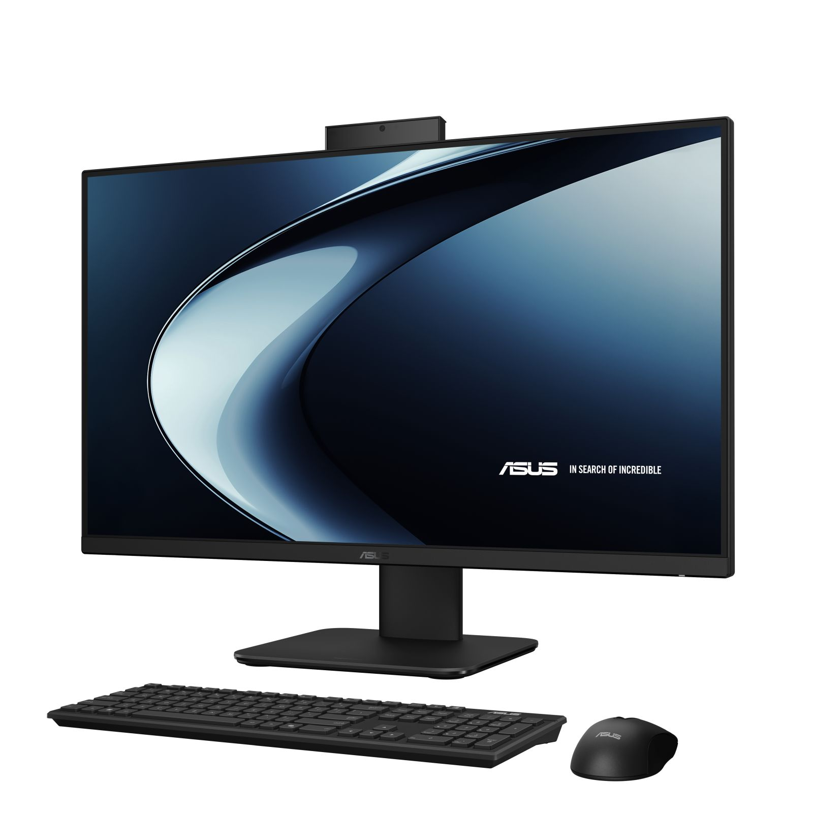Schwarzer All-in-One-PC mit Monitor, Webcam, Tastatur und Maus. Der Bildschirm zeigt ein blau-weißes Wellendesign.
